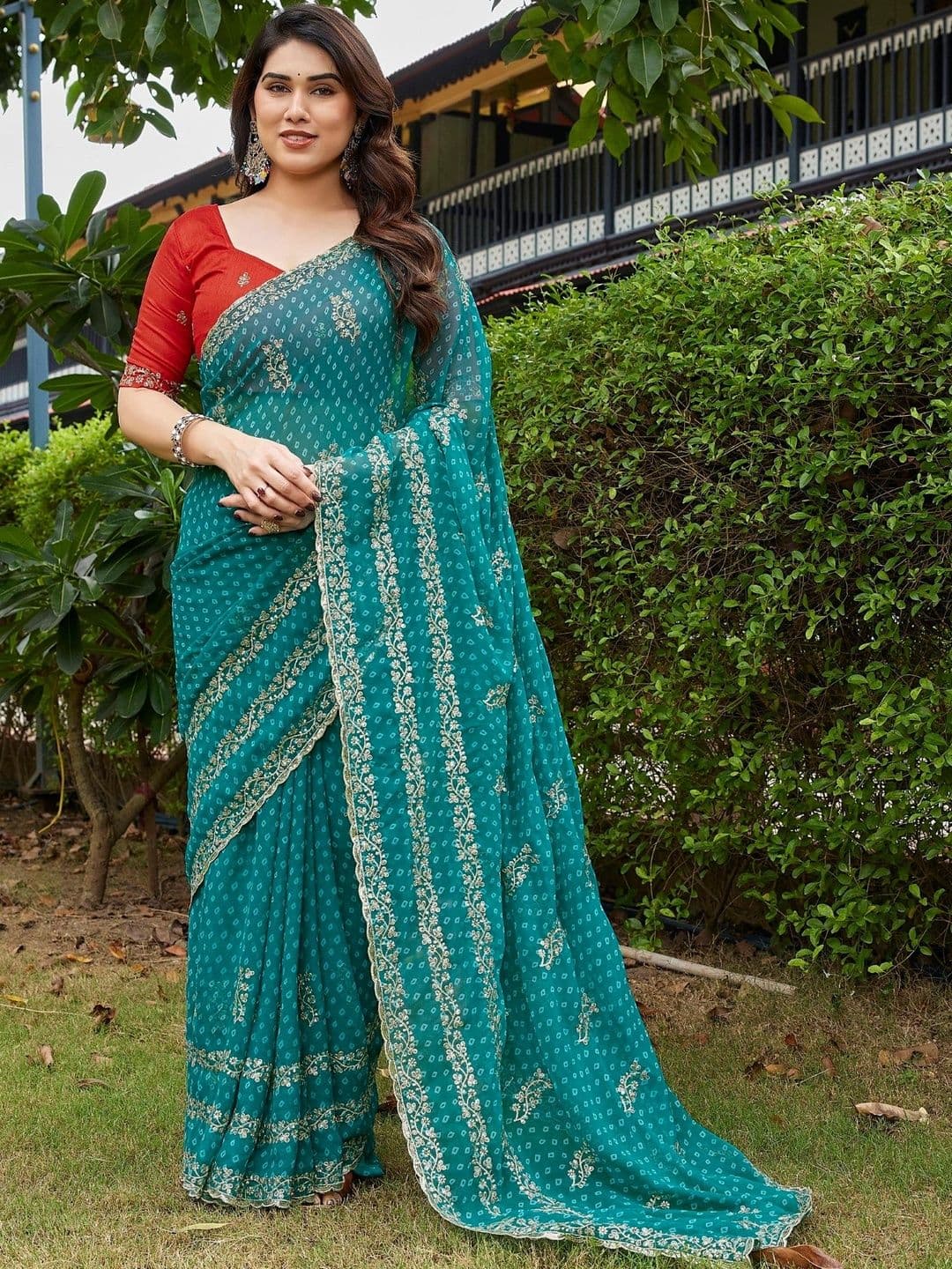 Mitera Bandhani Embroidered Pure Georgette Designer Saree - view 1