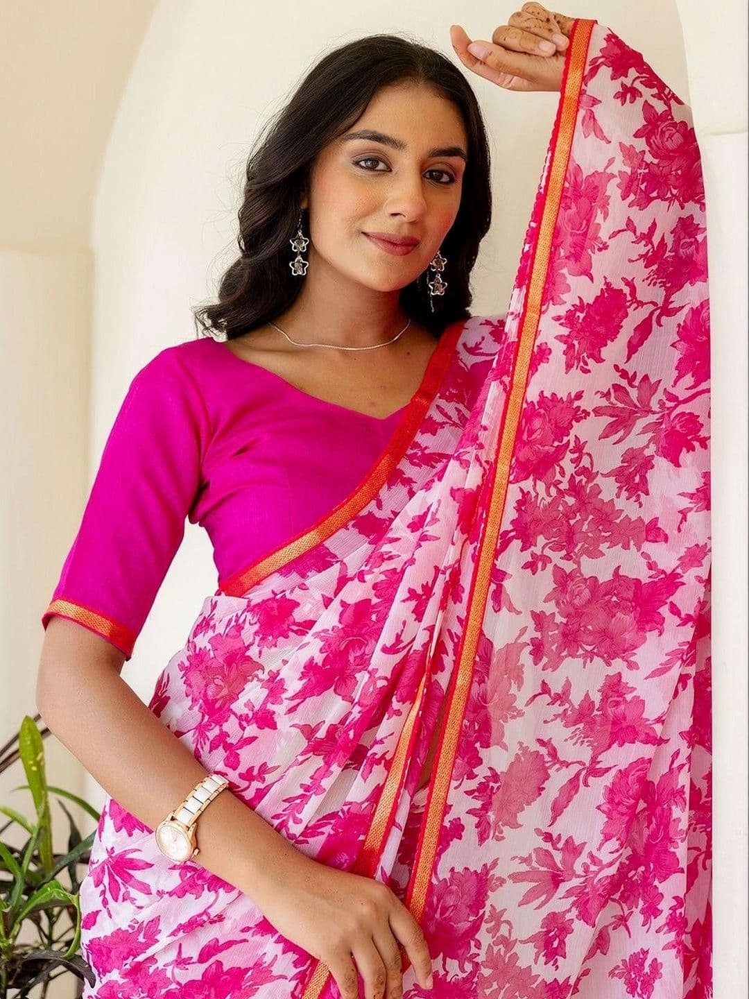 SANISA Women Floral Pure Chiffon Saree thumbnail 2