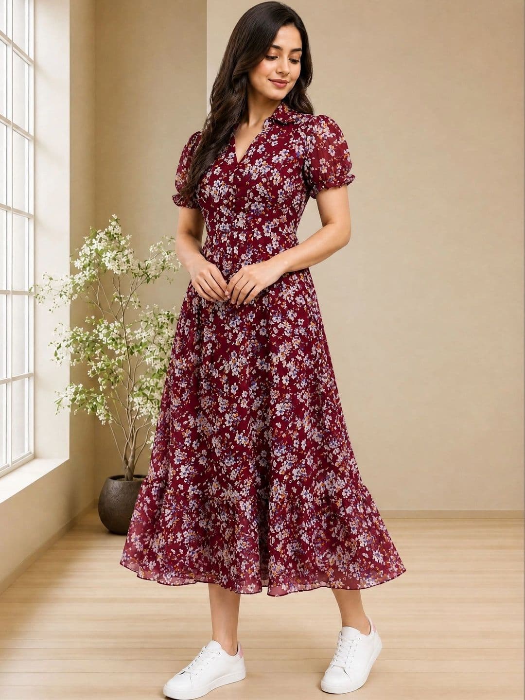 QENA Floral Print Puff Sleeve Ruffled Georgette A-Line Midi Dress thumbnail 4