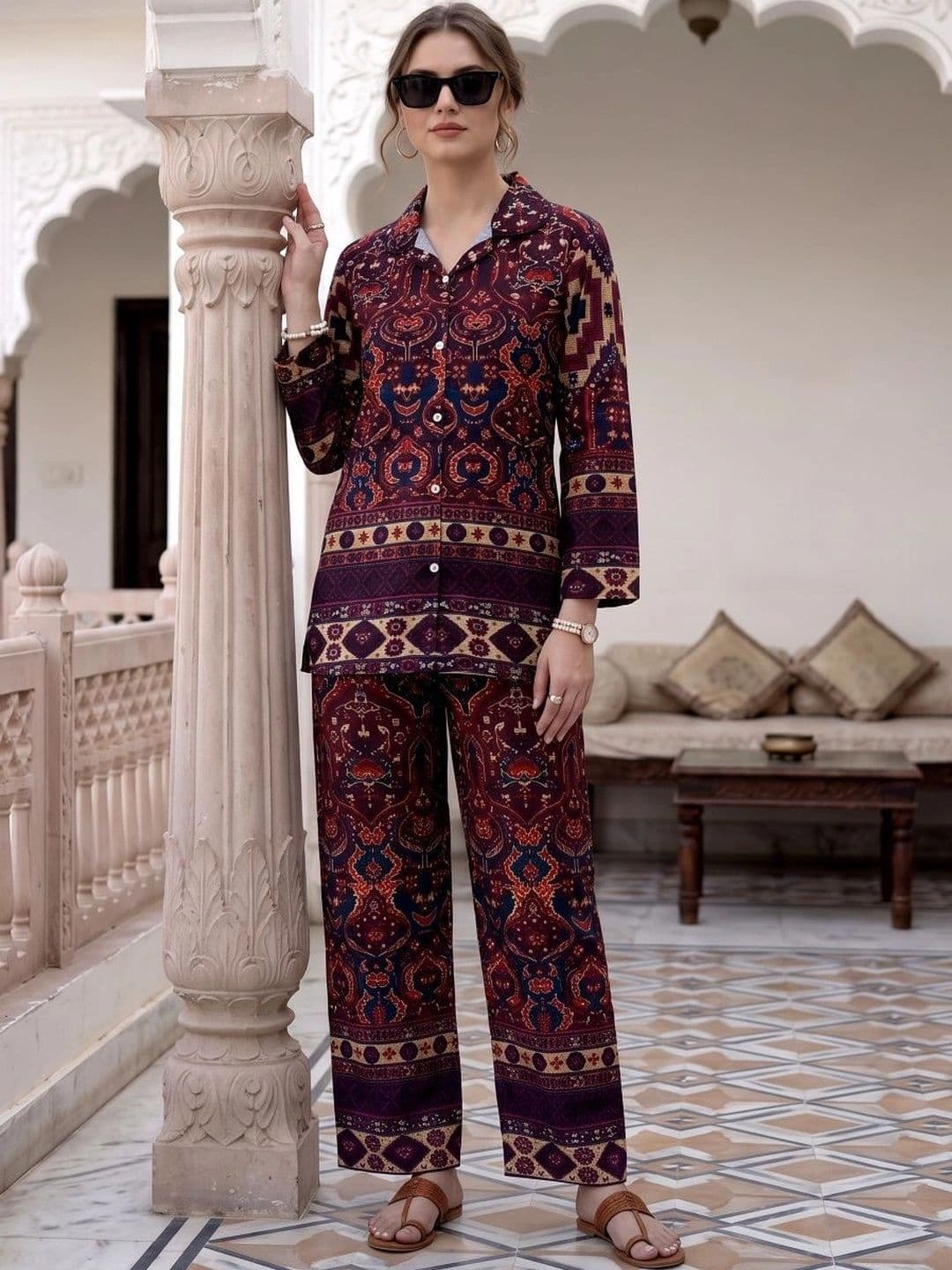 Laasika Maroon Printed Tunic Shirt with Palazzos - view 1