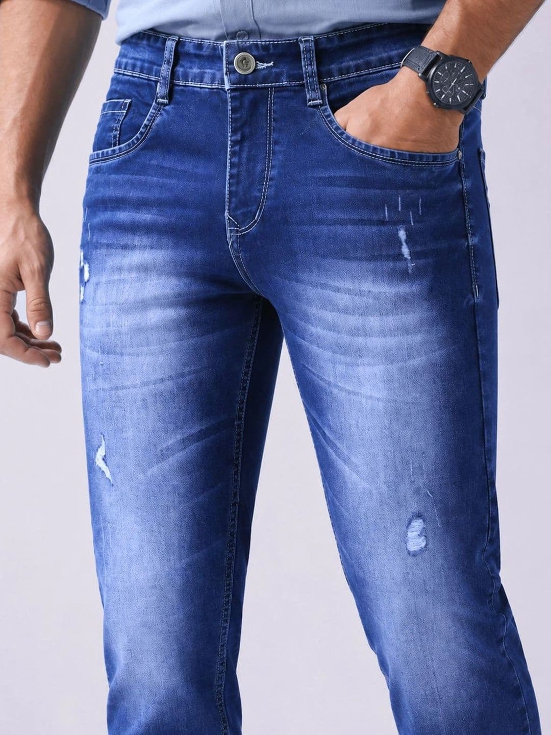 GEX Men Jean Regular Fit Mid-Rise Low Distress Light Fade Stretchable Jeans thumbnail 6
