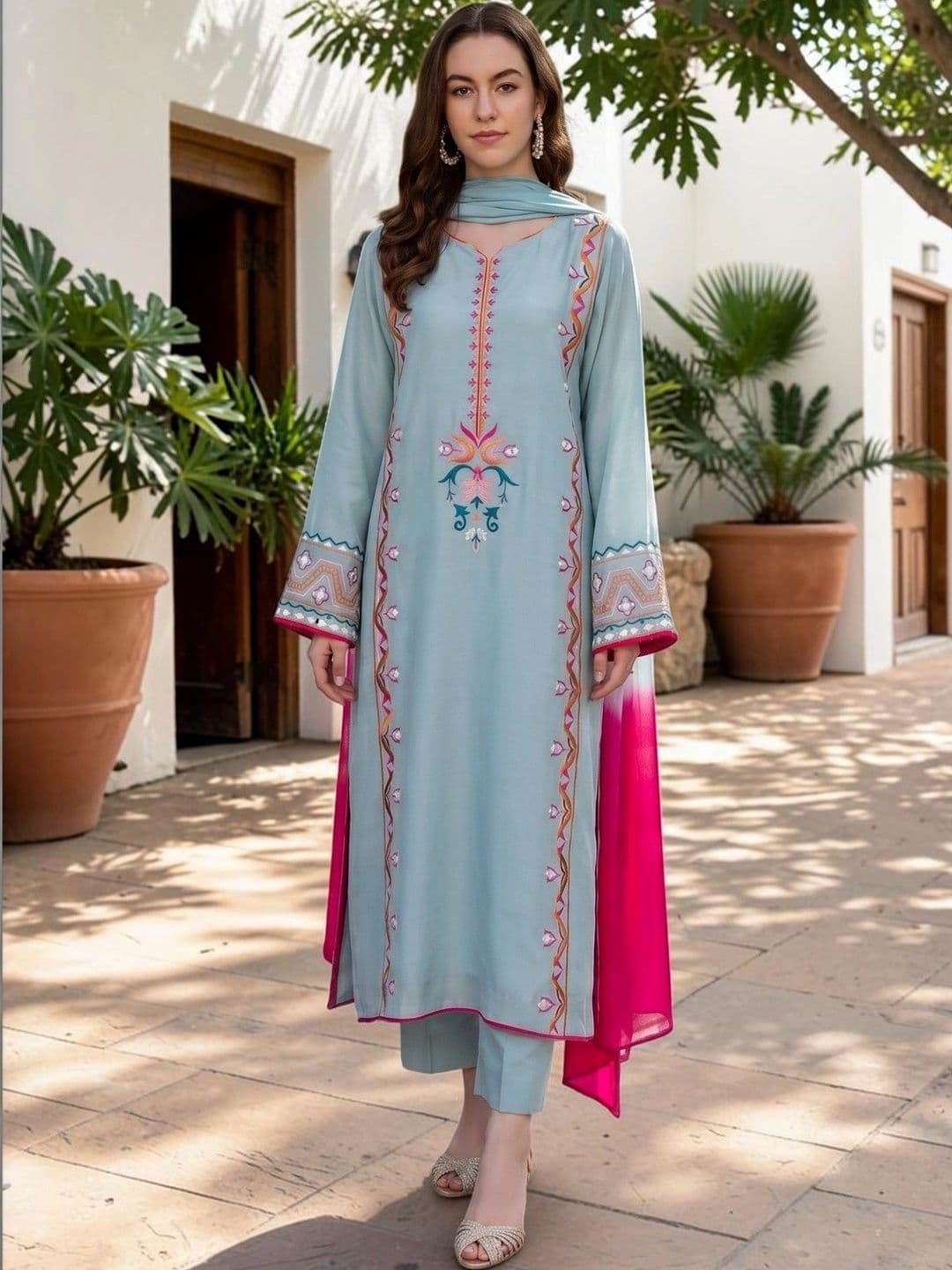 TASRIKA Ethnic Motifs Embroidered Thread Work Silk Crepe Kurta with Trousers & Dupatta thumbnail 5