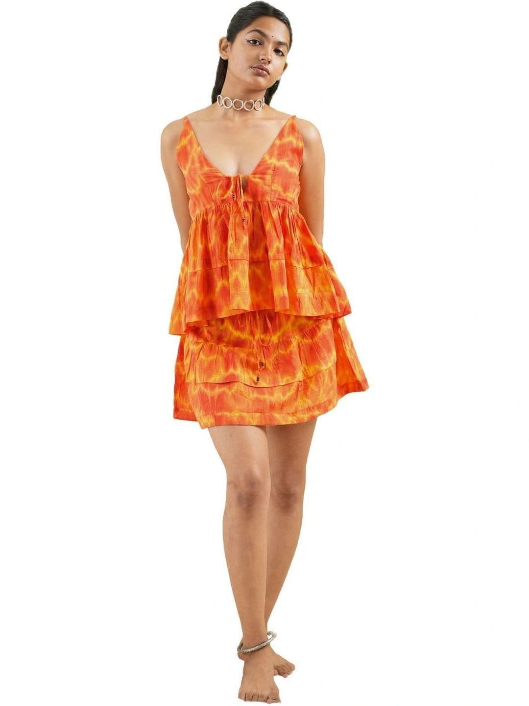 Nufab Women Pure Cotton Cotton Cambric Tie and Dye Mini Tiered Skirt thumbnail 6