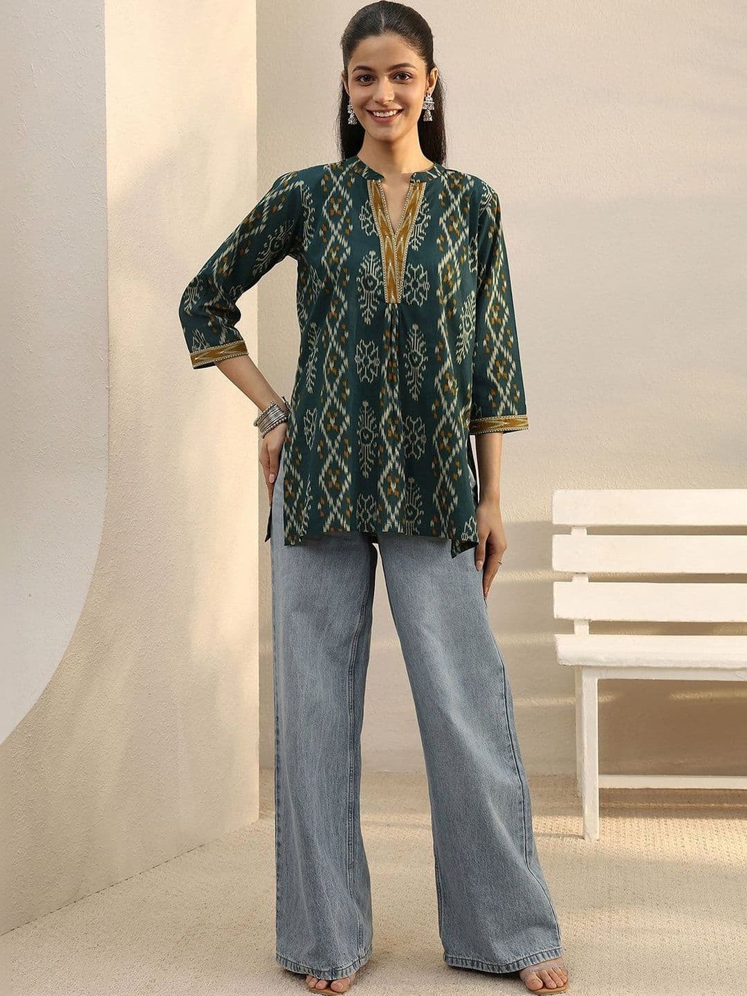 Libas Green Ethnic Printed Cotton A-Line Short Kurti thumbnail 6