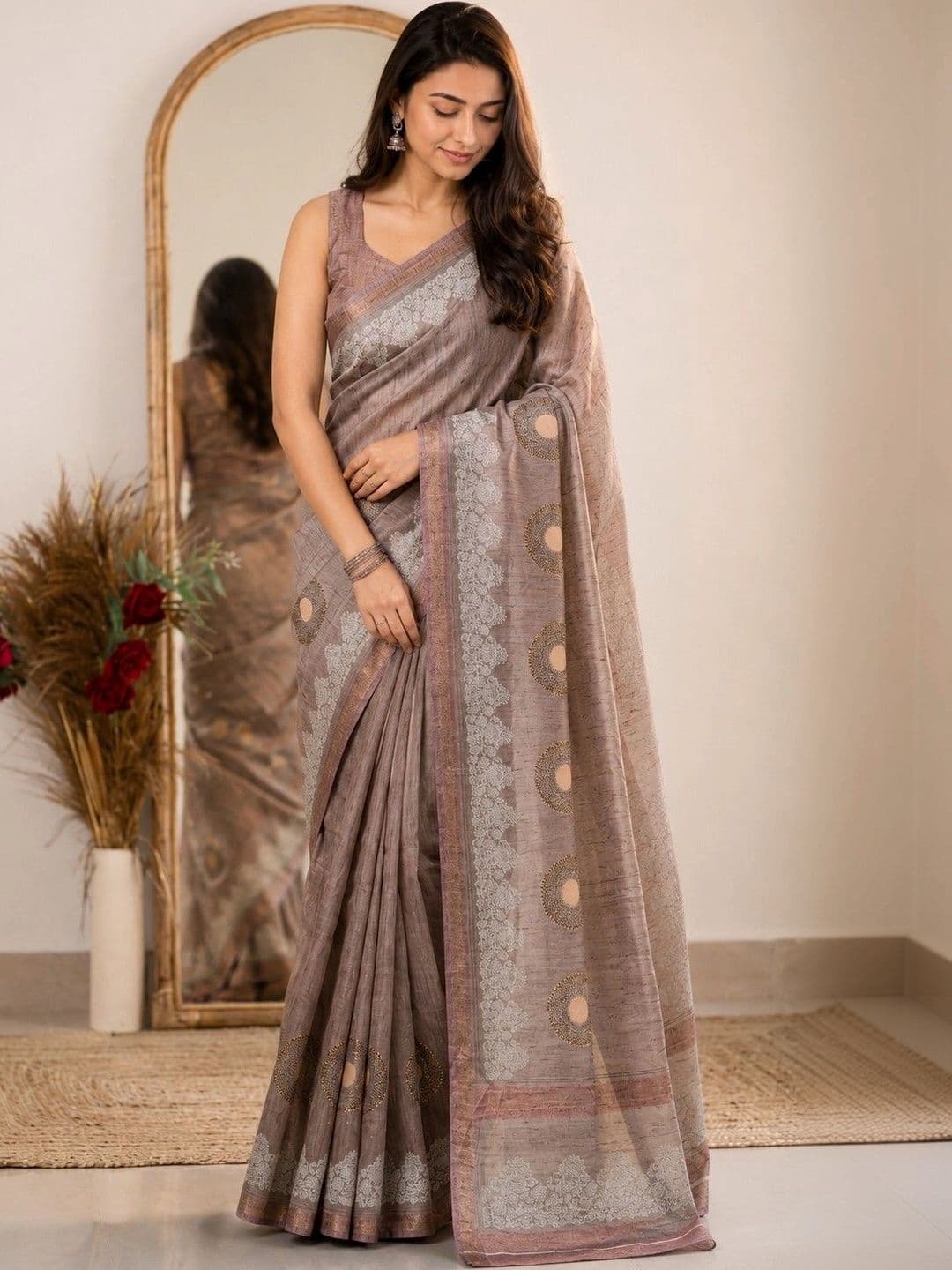 AARYAN SAREES Art silk Cream Designer saree thumbnail 2