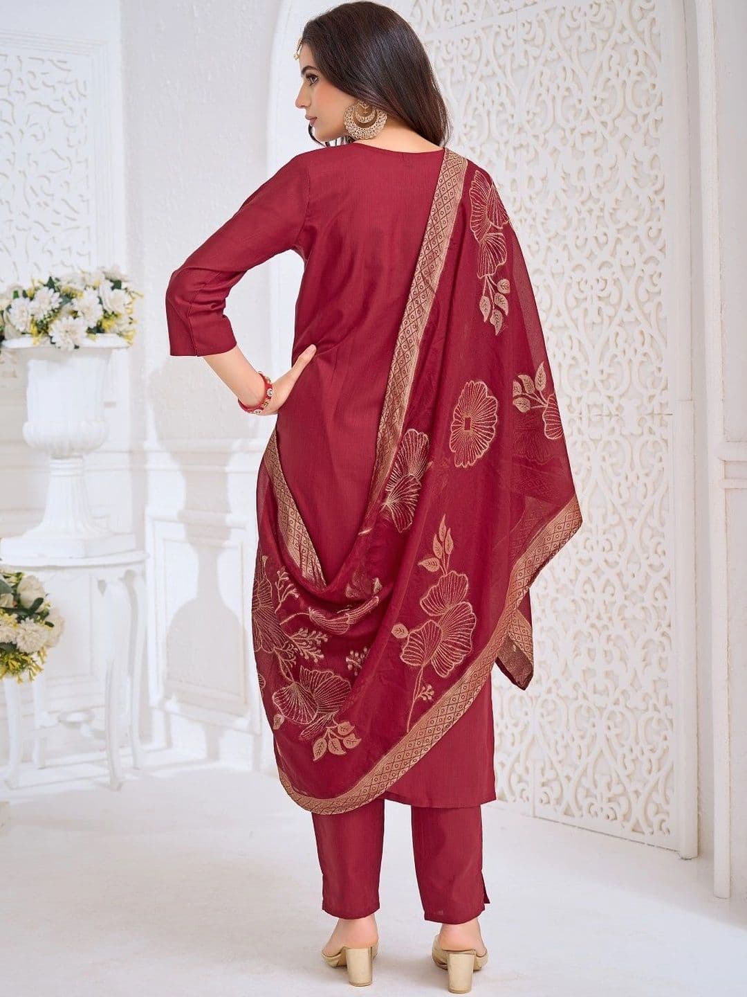 Sangria Women Ethnic Motifs Embroidered Regular Kurta with Trousers & With Dupatta thumbnail 6