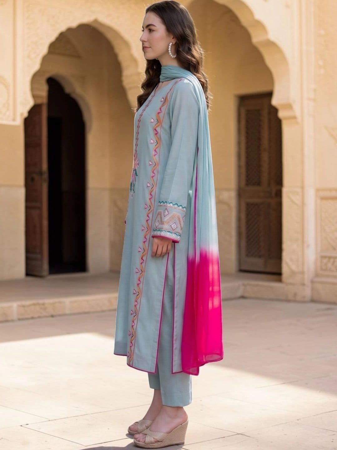 DIVASTRI Women Ethnic Motifs Embroidered  Thread Silk Crepe Kurta with Trousers & Dupatta thumbnail 6
