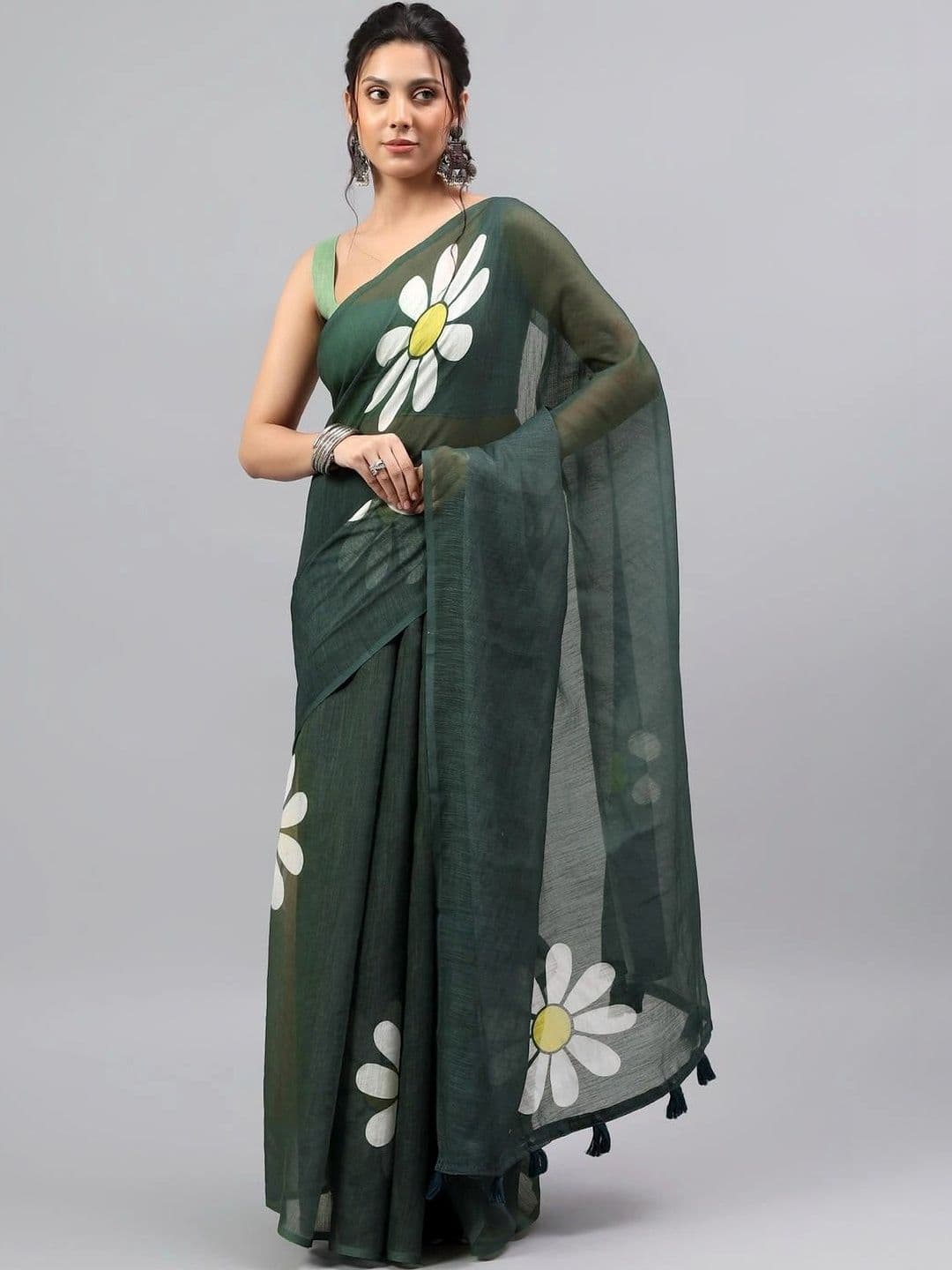 Pixie lane Floral Zari Linen Blend Saree - view 1