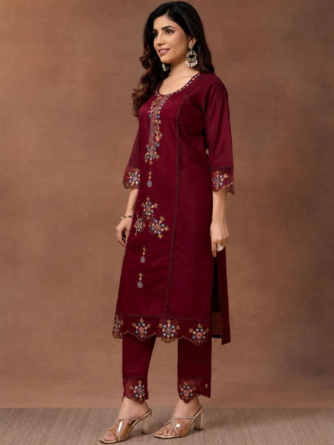 PAUSE Women Ethnic Motifs Embroidered Pure Silk Straight Kurta with Trousers & Dupatta thumbnail 5