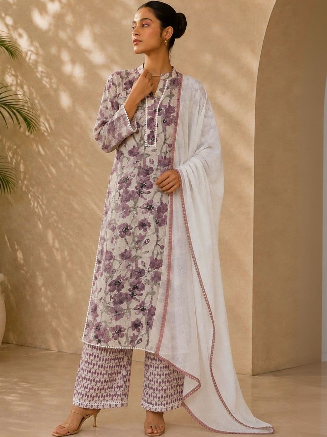 SILCHIC Floral Printed Mandarin Collar Pure Cotton Straight Kurta with Palazzos & Dupatta thumbnail 4