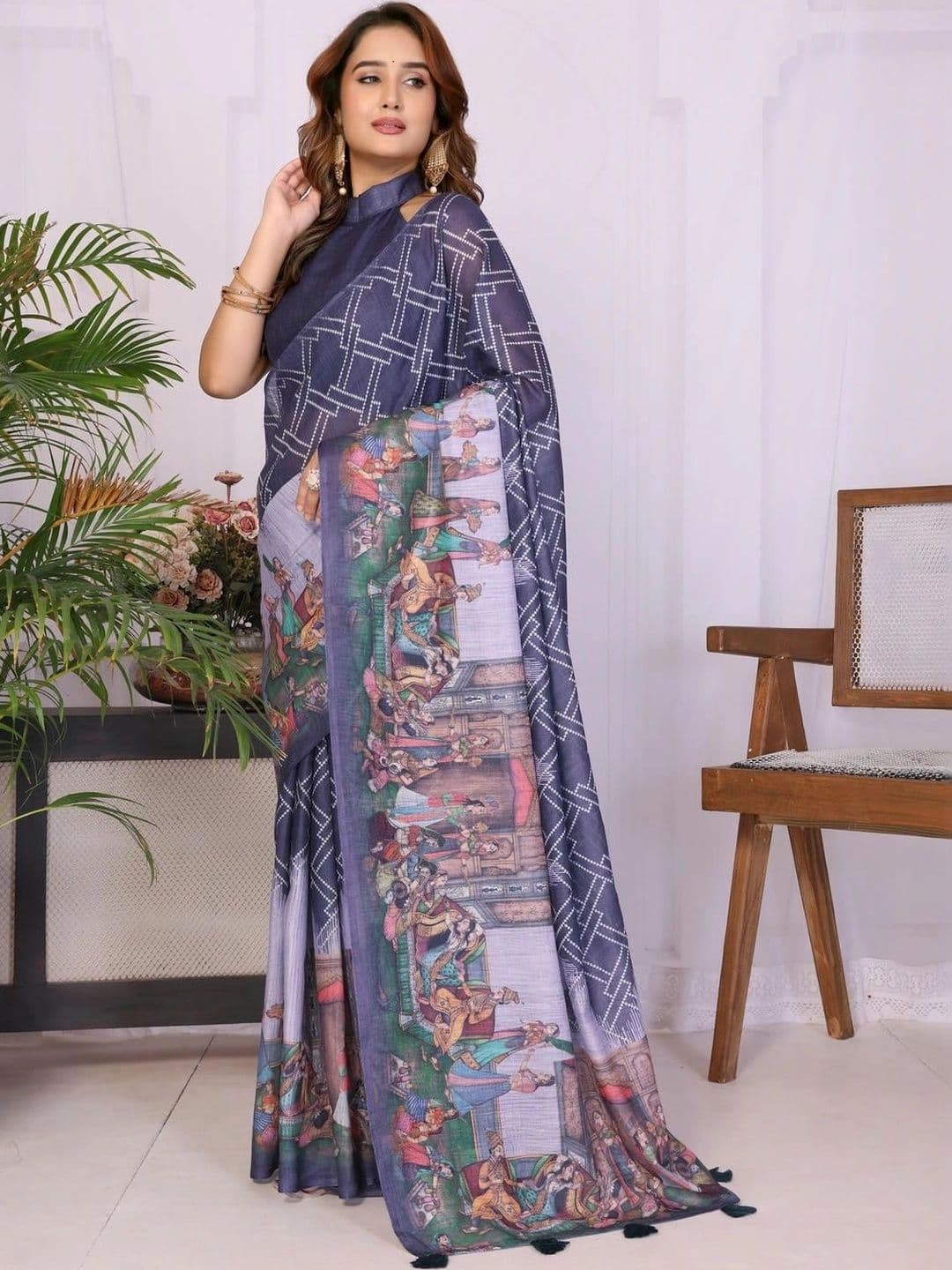 Pixie lane Zari Linen Blend Saree thumbnail 3