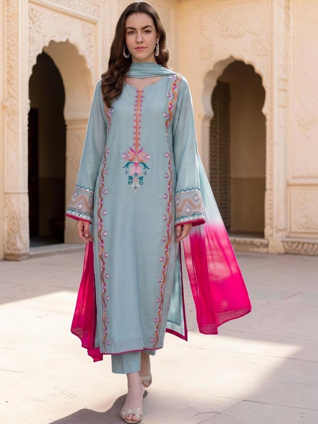 DIVASTRI Women Ethnic Motifs Embroidered Thread Silk Crepe Kurta with Trousers & Dupatta - view 1