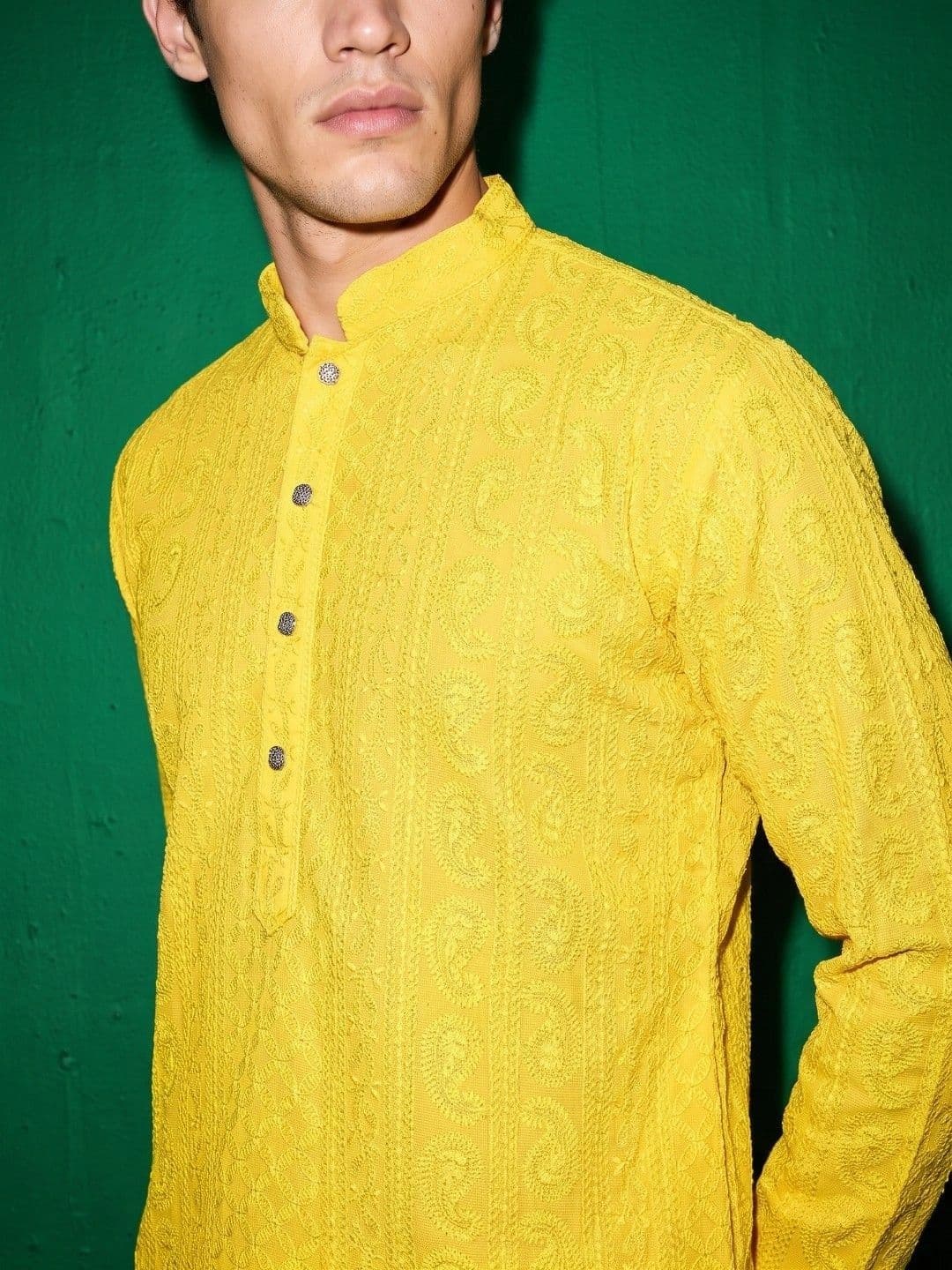 DRIP CHOWK Men Ethnic Motifs Embroidered Chikankari Georgette Kurta thumbnail 4