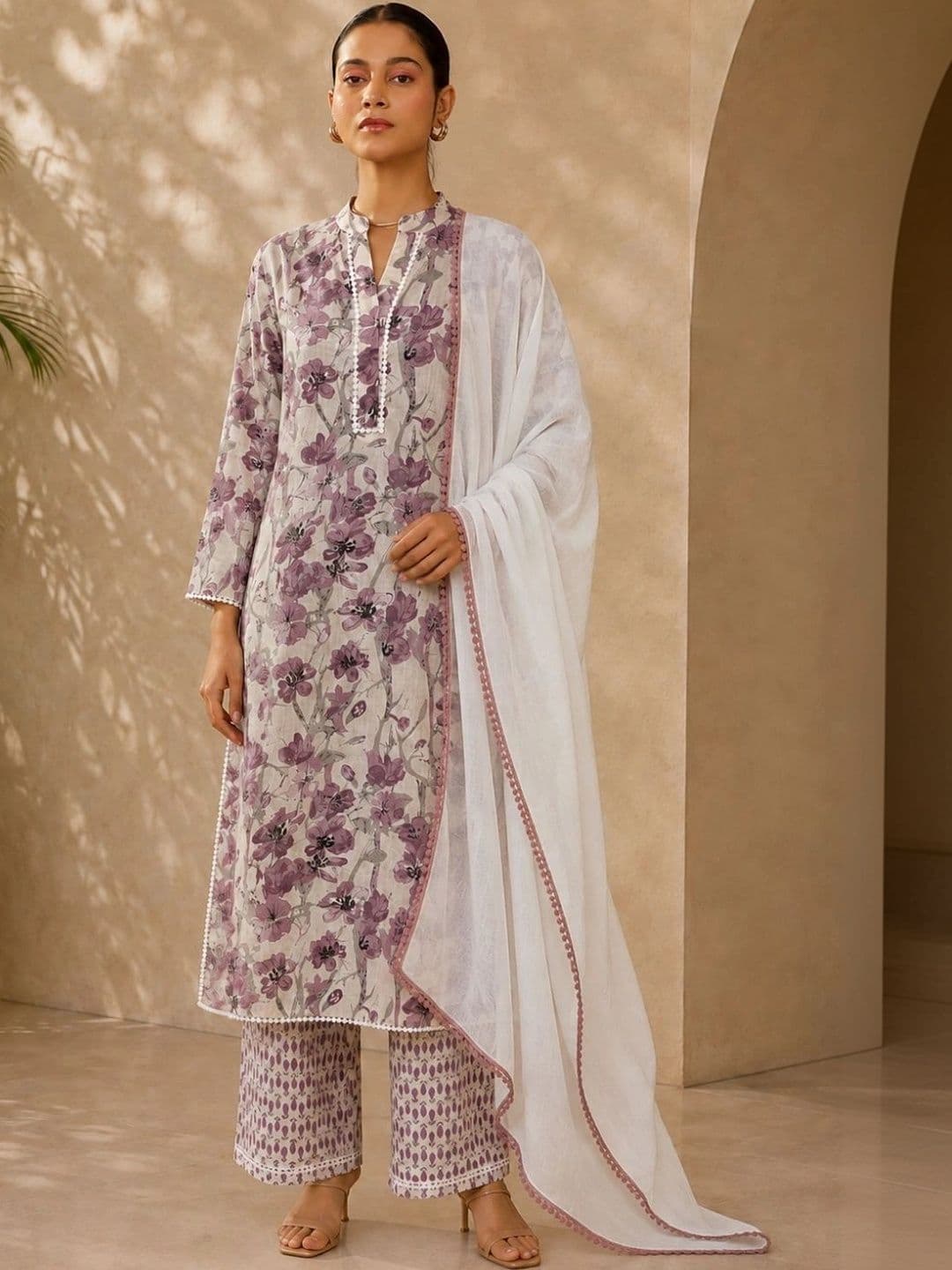 SILCHIC Floral Printed Mandarin Collar Pure Cotton Straight Kurta with Palazzos & Dupatta - view 1