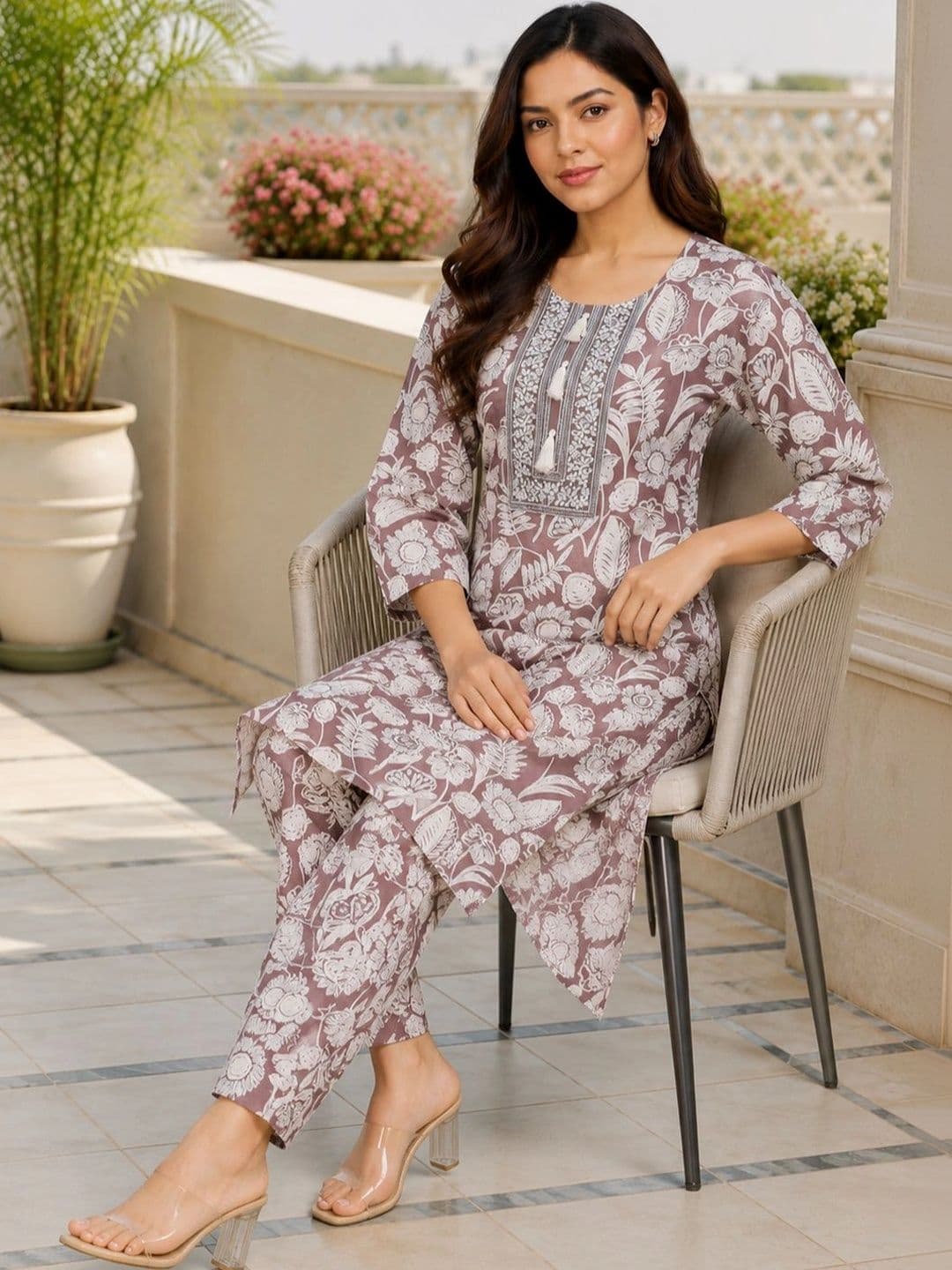 Bunai Women Floral Printed Regular Thread Work Kurta with Trousers thumbnail 3