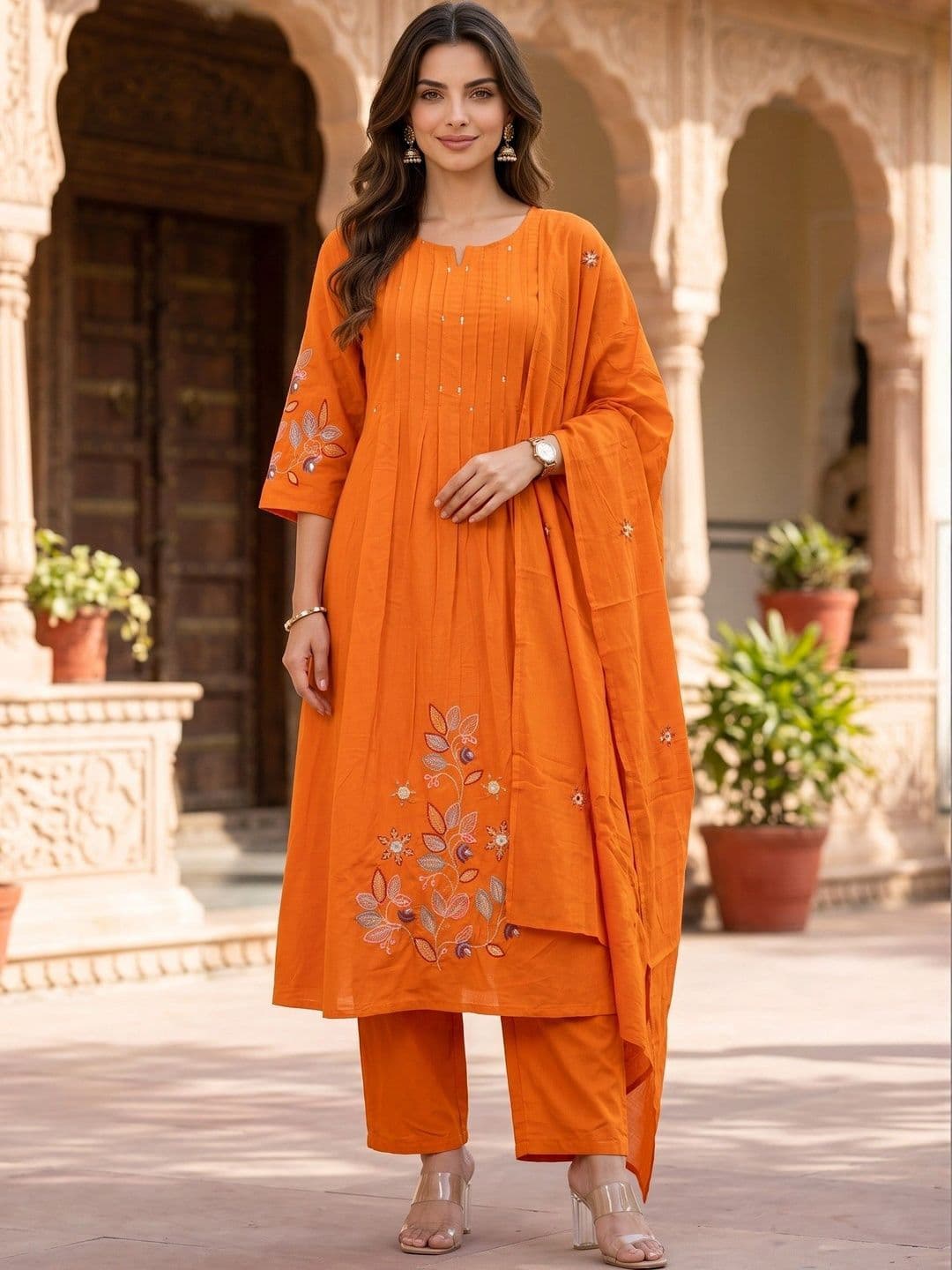 Anouk Rustic Women Floral Embroidered Regular Pure Cotton Kurta with Harem Pants & With Dupatta thumbnail 4