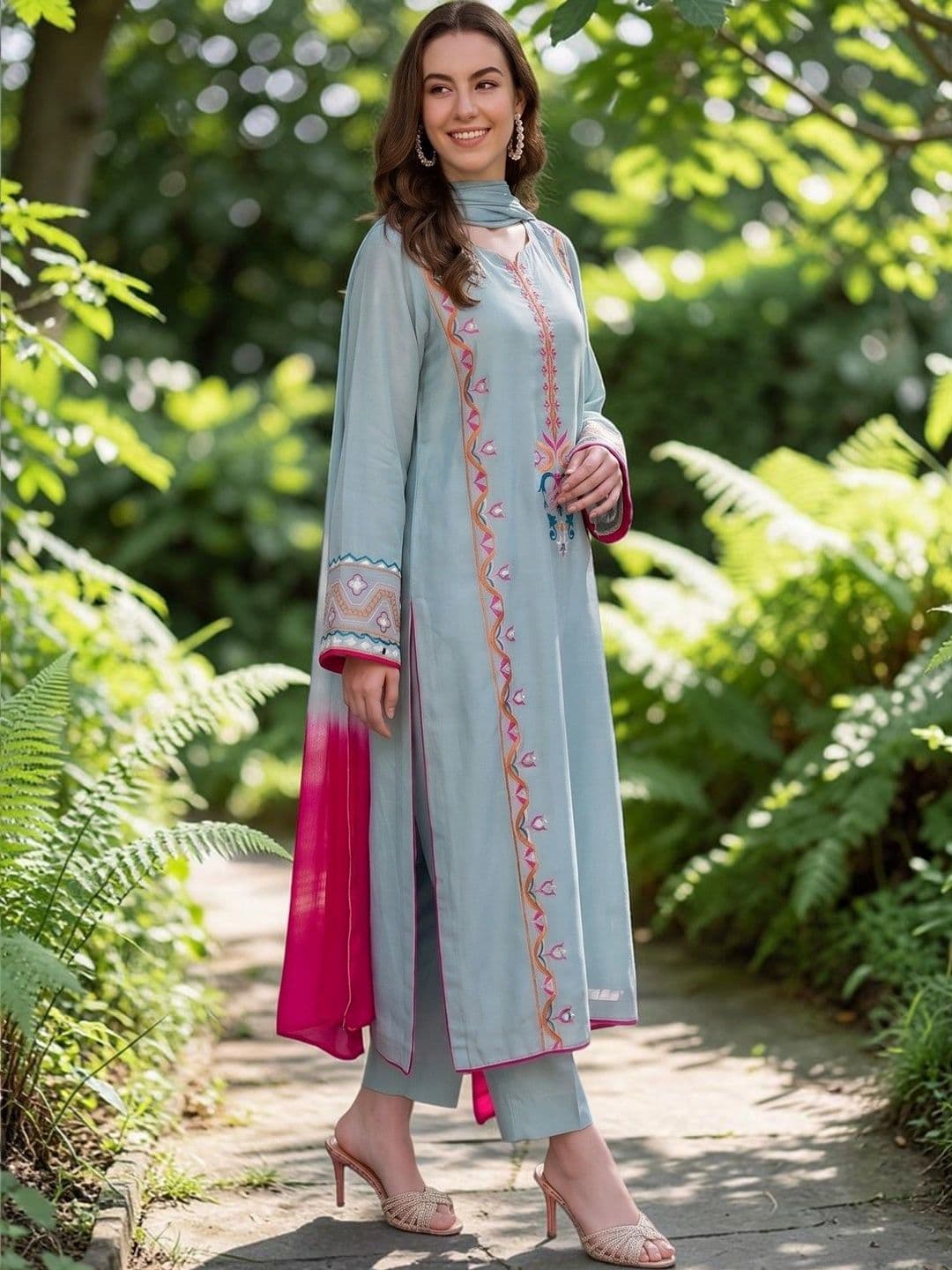 ASPORA Women Embroidered Thread Work Silk Crepe Kurta with Trousers & Dupatta thumbnail 7
