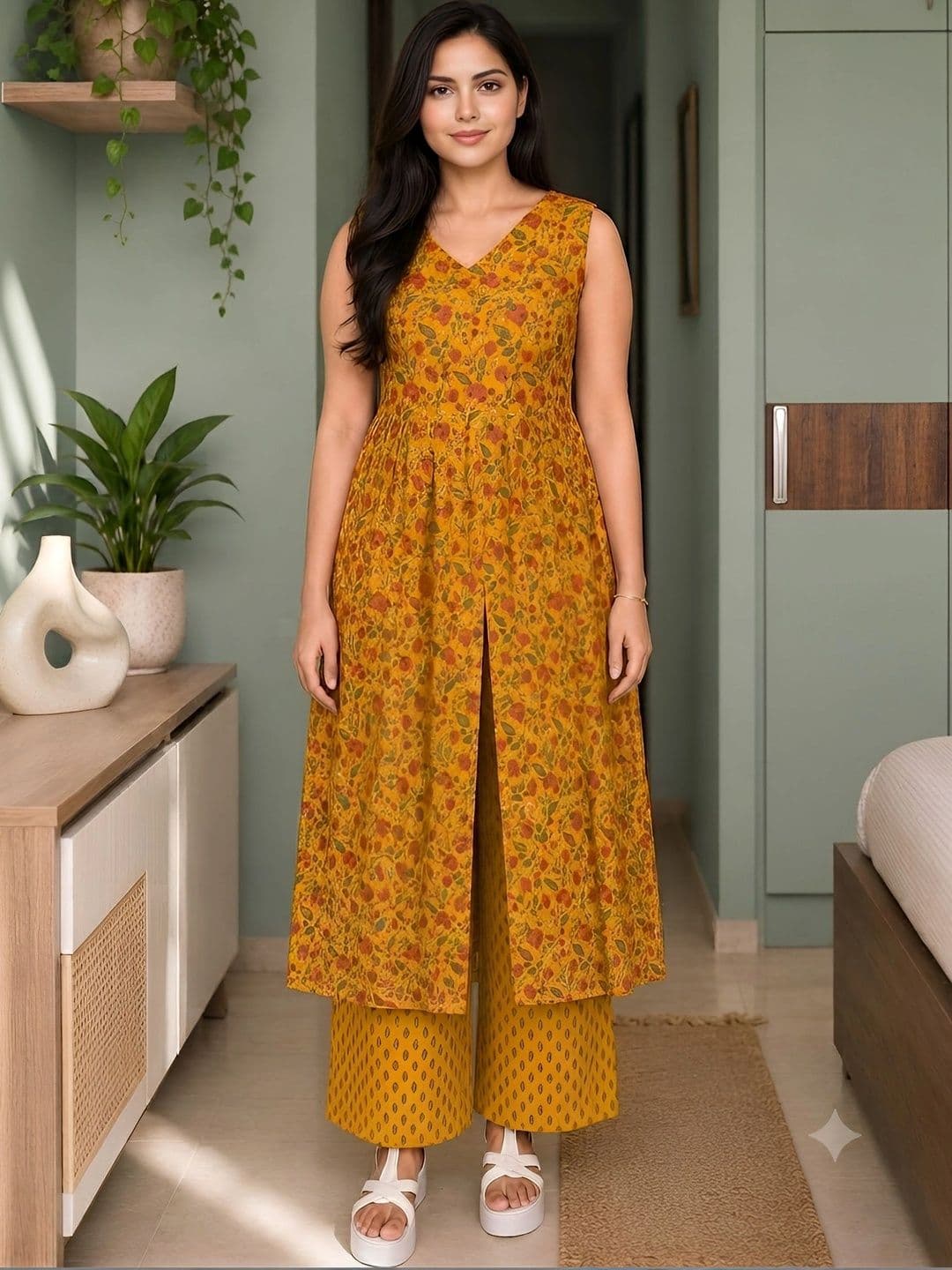 HERE&NOW Women Floral Printed Regular Pure Cotton Kurta with Palazzos - view 1