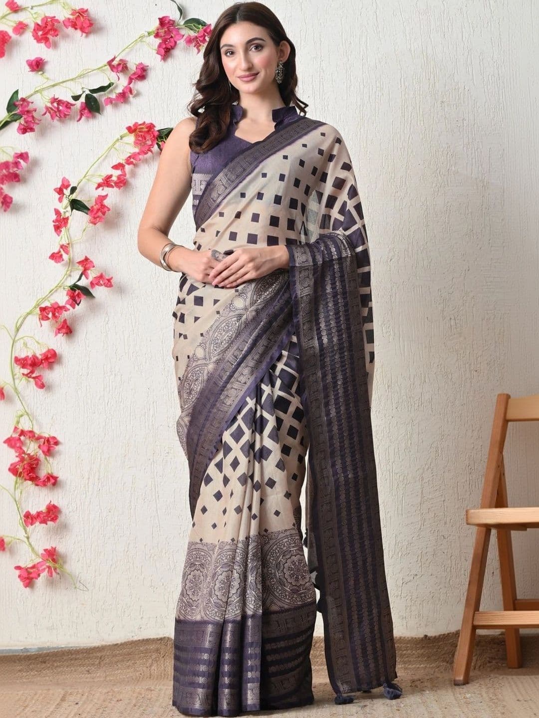 KALINI KALIN Women I Ethnic Motifs Zari Silk Cotton Block Print Saree - view 1