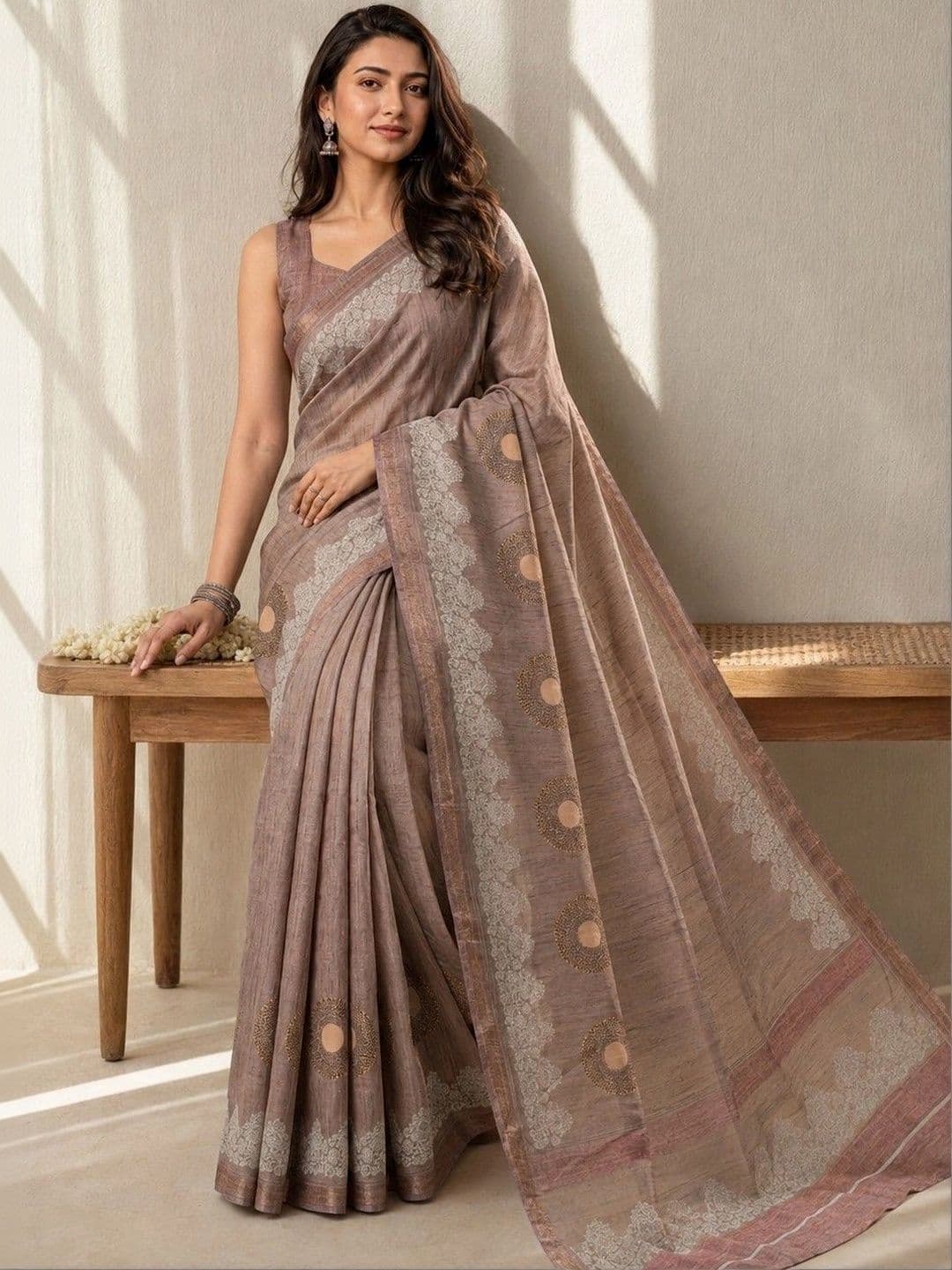 AARYAN SAREES Art silk Cream Designer saree thumbnail 4