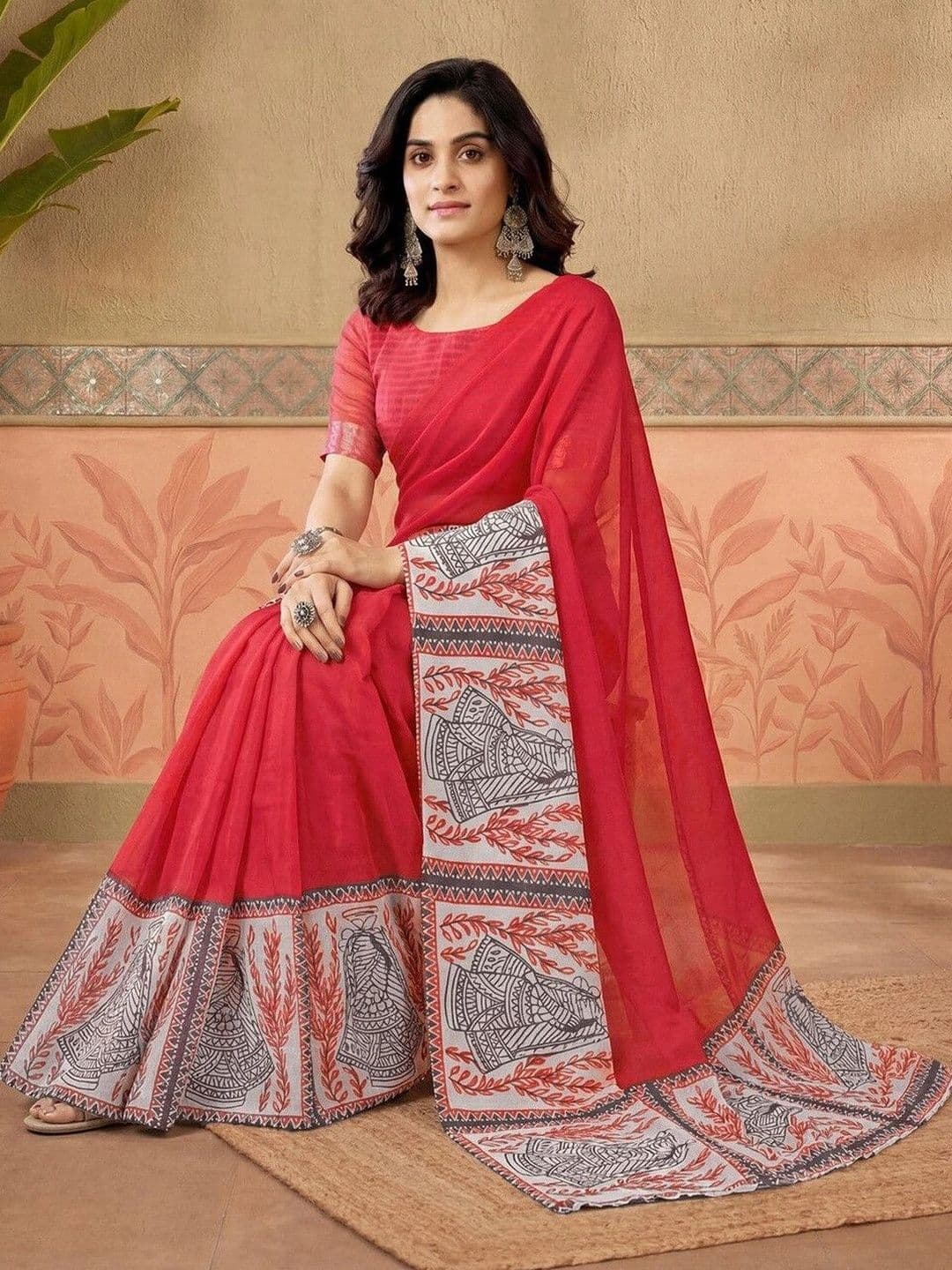 Sanisa Printed Red Chanderi Cotton Ready to wear saree for Women With Unstiched Blouse thumbnail 3