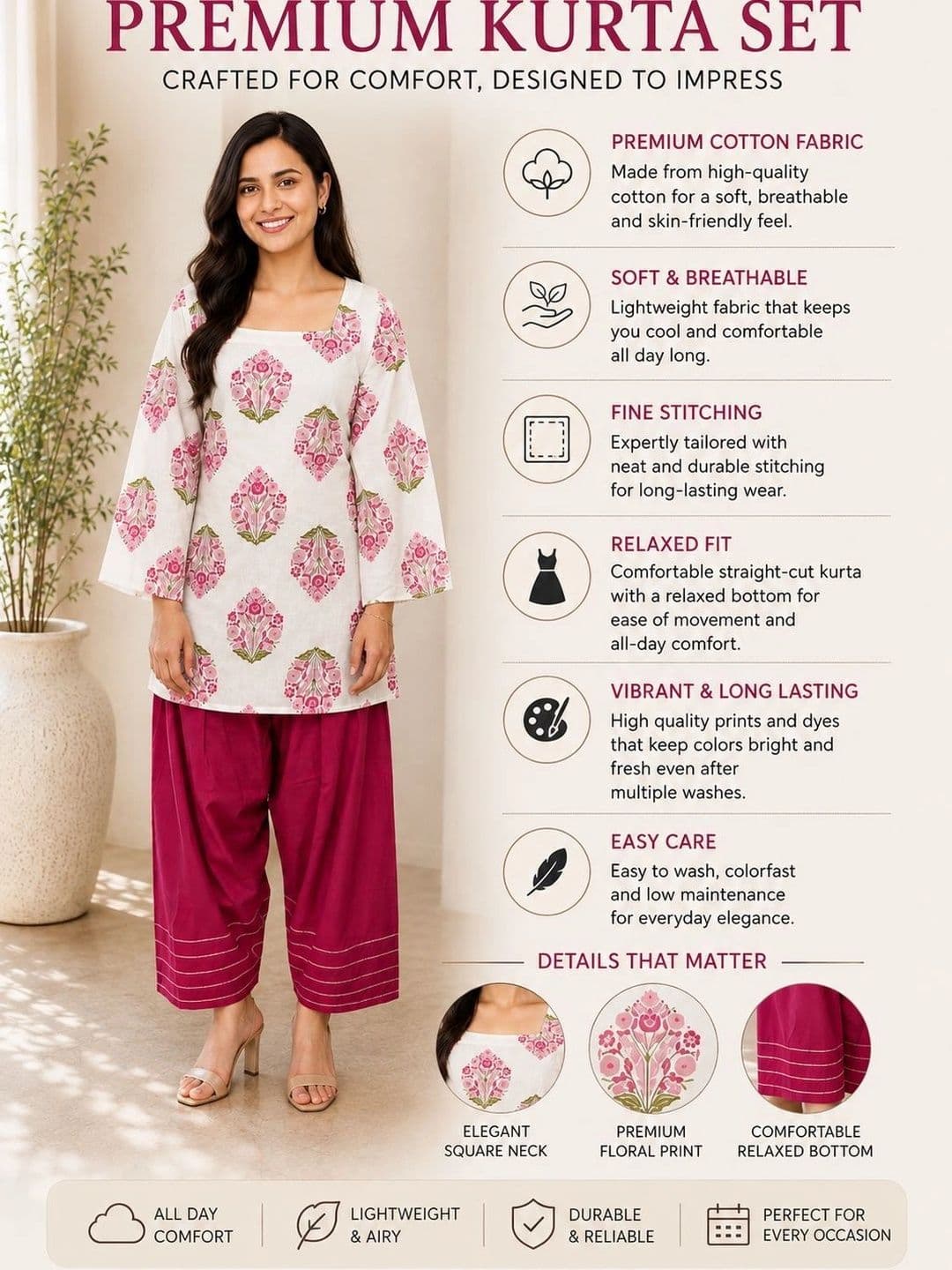 HERE&NOW Women Floral Printed Regular Pure Cotton Kurta with Patiala thumbnail 6