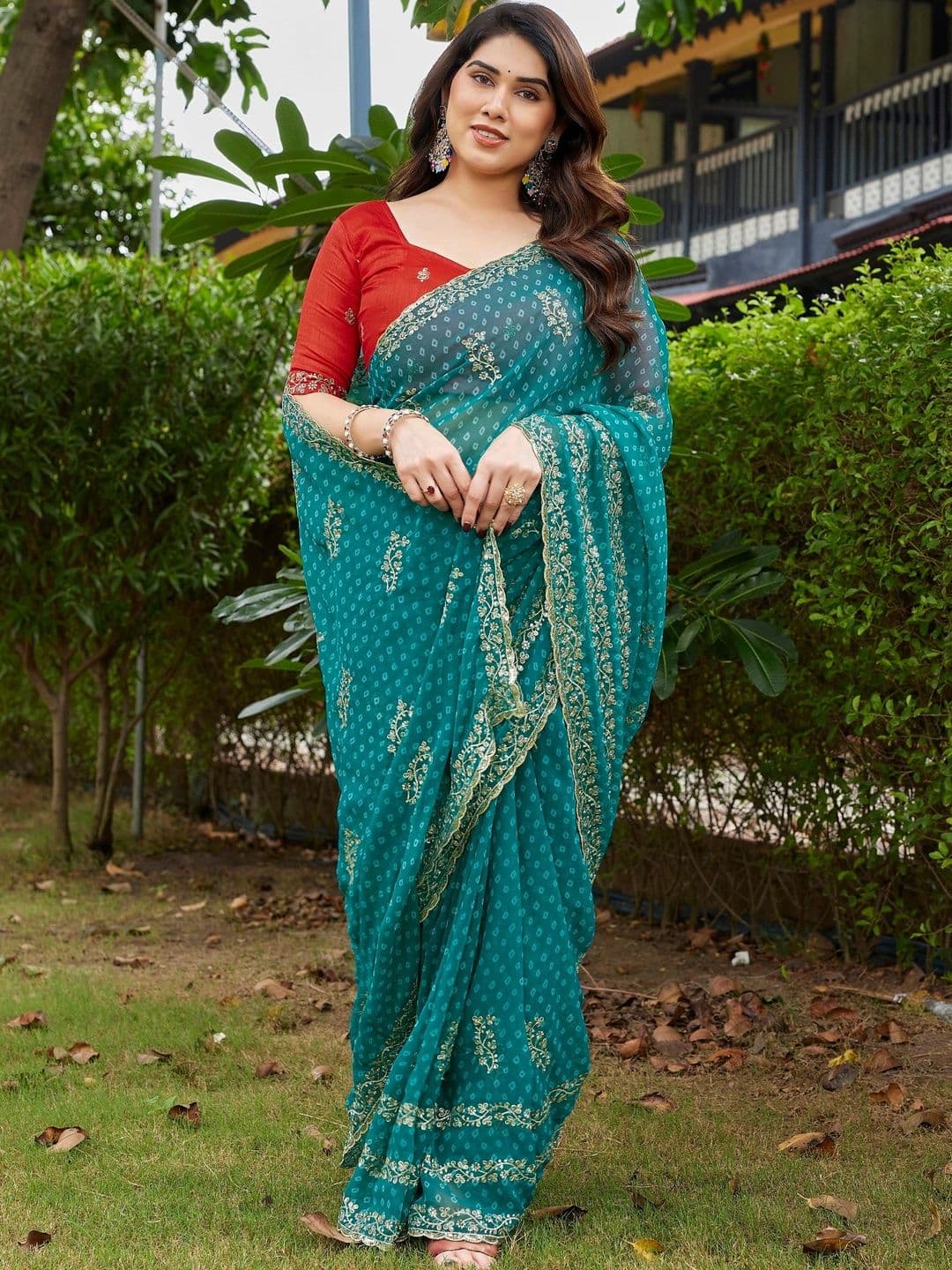 Mitera Bandhani Embroidered Pure Georgette Designer Saree thumbnail 7