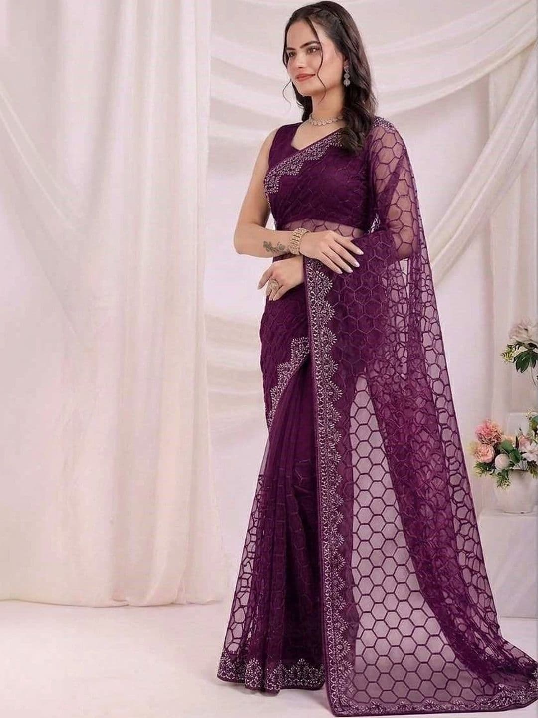 akhodalkrp Woven Design Embroidered Net Saree thumbnail 2