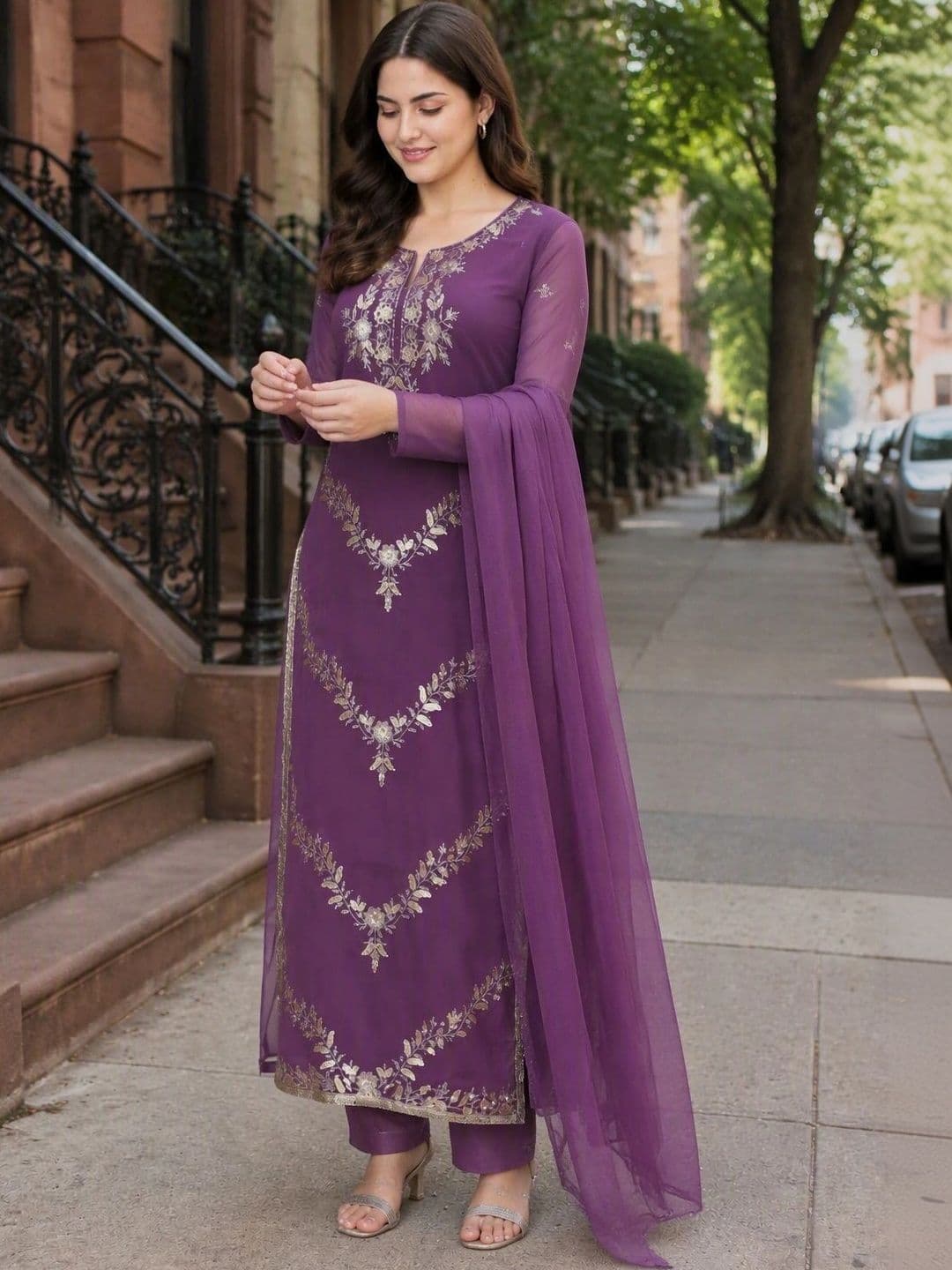 all about you Women Ethnic Motifs Embroidered Straight Kurta with Trousers & Dupatta thumbnail 2