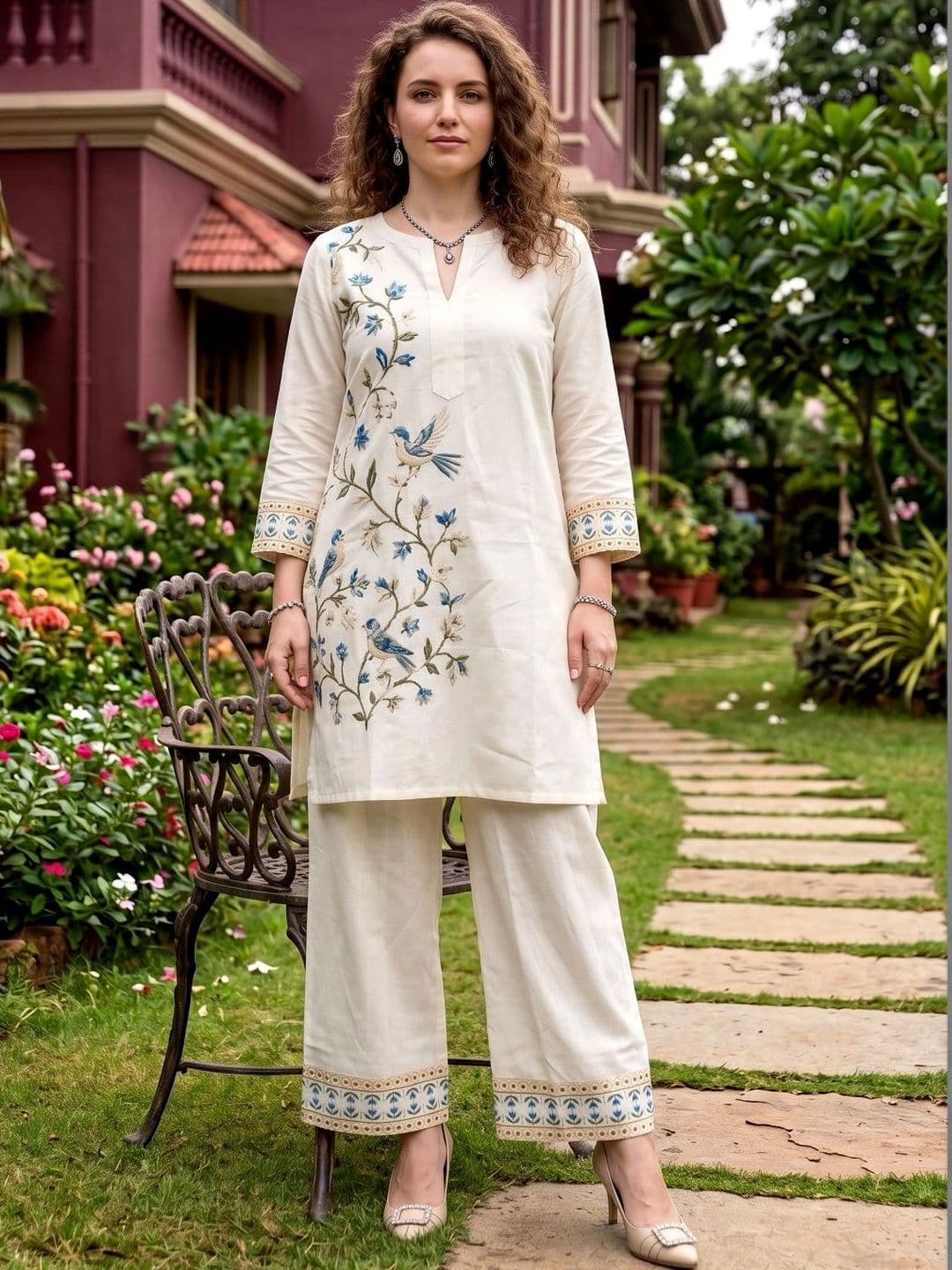 Laasika Off White Embroidered Tunic with Palazzos - view 1