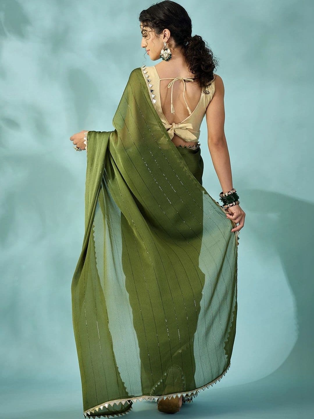 Sangria Striped Mirror Work Poly Georgette Designer Saree thumbnail 4