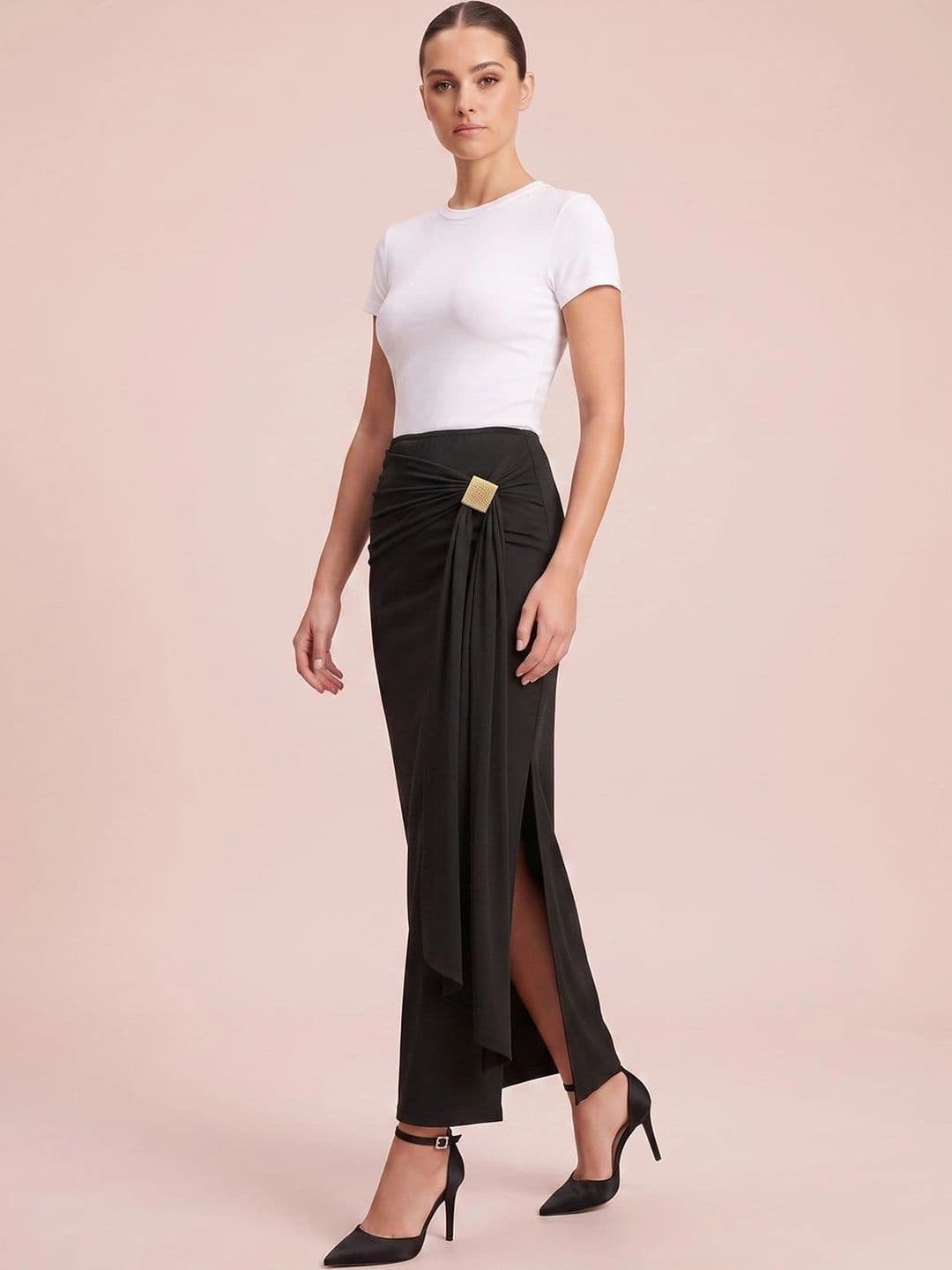 ATELIER REBEL Women Draped Side Slit Maxi Straight Skirt thumbnail 6