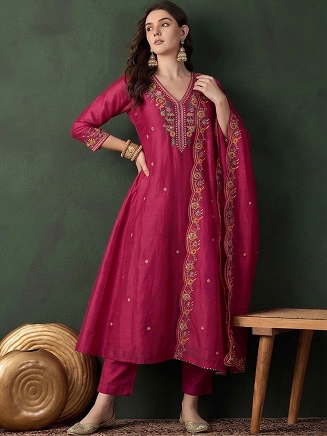 Sangria Women Floral Embroidered Regular Thread Work Kurta with Trousers & With Dupatta - view 1