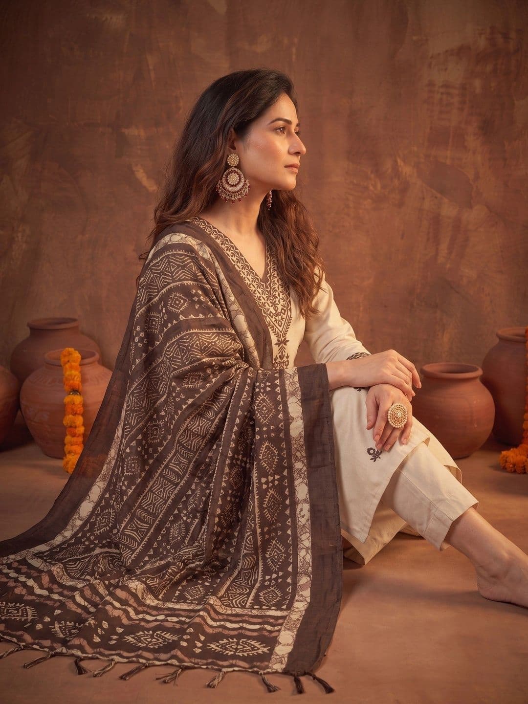 KALINI Women Ethnic Regular Thread Work Chanderi Silk Kurta with Trousers & With Dupatta thumbnail 5