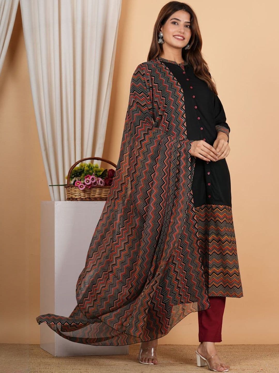KALINI Geometric Printed Regular Mandarin Collar A-Line Kurta With Dupatta thumbnail 6
