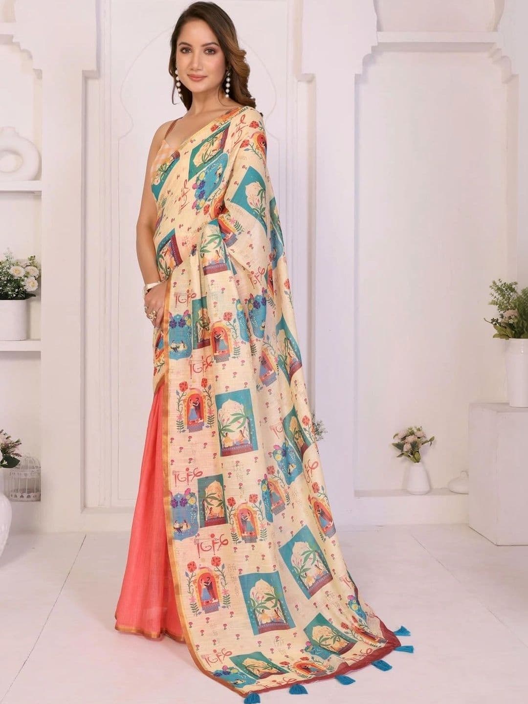 Pixie lane Women  Ethnic Motifs Zari Linen Blend Saree thumbnail 3