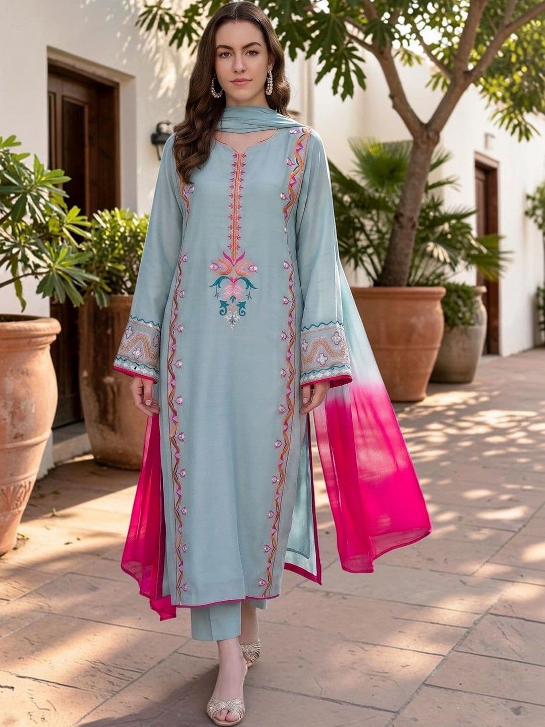 TASRIKA Ethnic Motifs Embroidered Thread Work Silk Crepe Kurta with Trousers & Dupatta - view 1