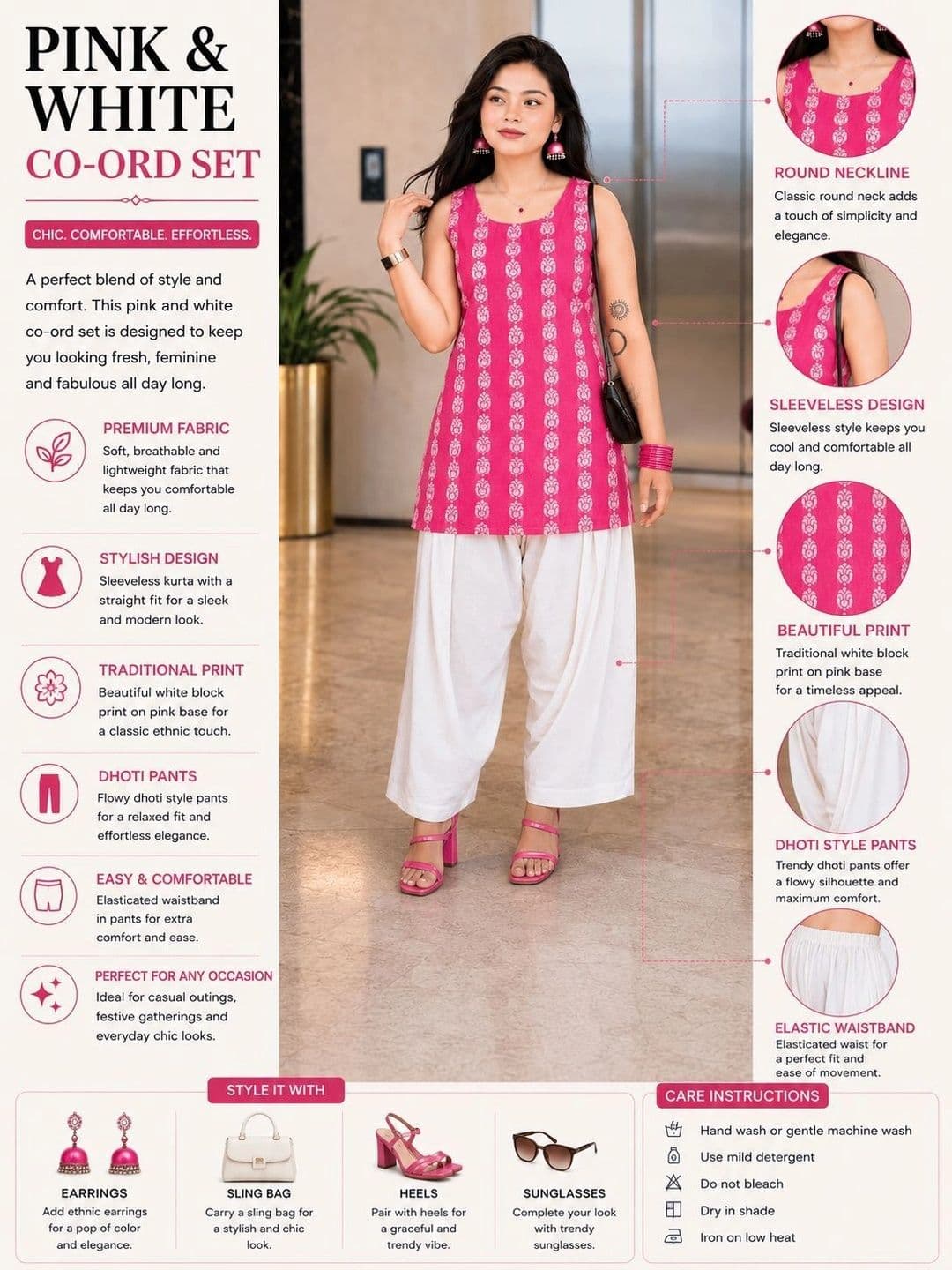 HERE&NOW Women Regular Pure Cotton Kurti with Dhoti Pants thumbnail 4