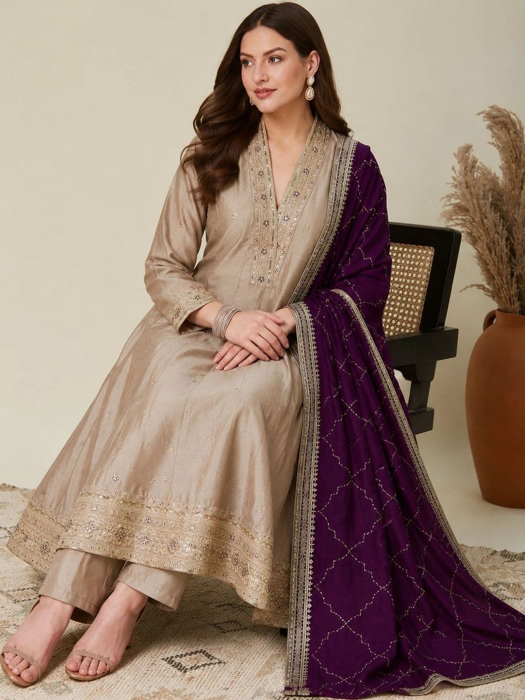 Sangria Women Ethnic Motifs Embroidered Regular Sequinned Kurta with Trousers & With Dupatta thumbnail 5