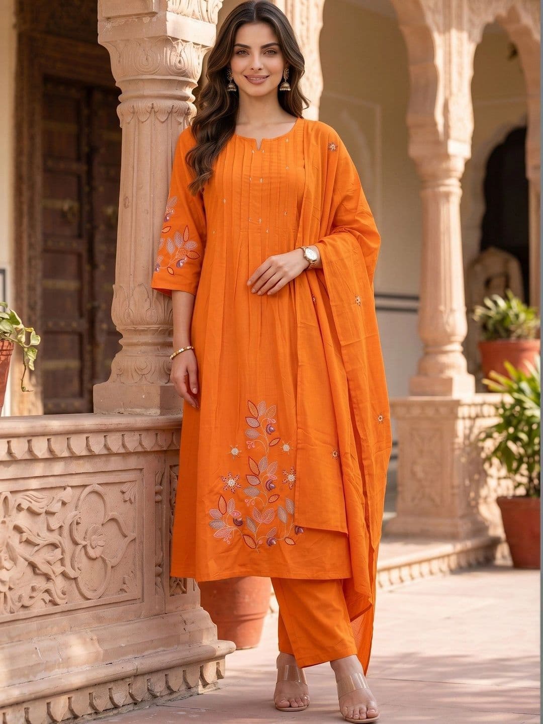 Anouk Rustic Women Floral Embroidered Regular Pure Cotton Kurta with Harem Pants & With Dupatta thumbnail 6
