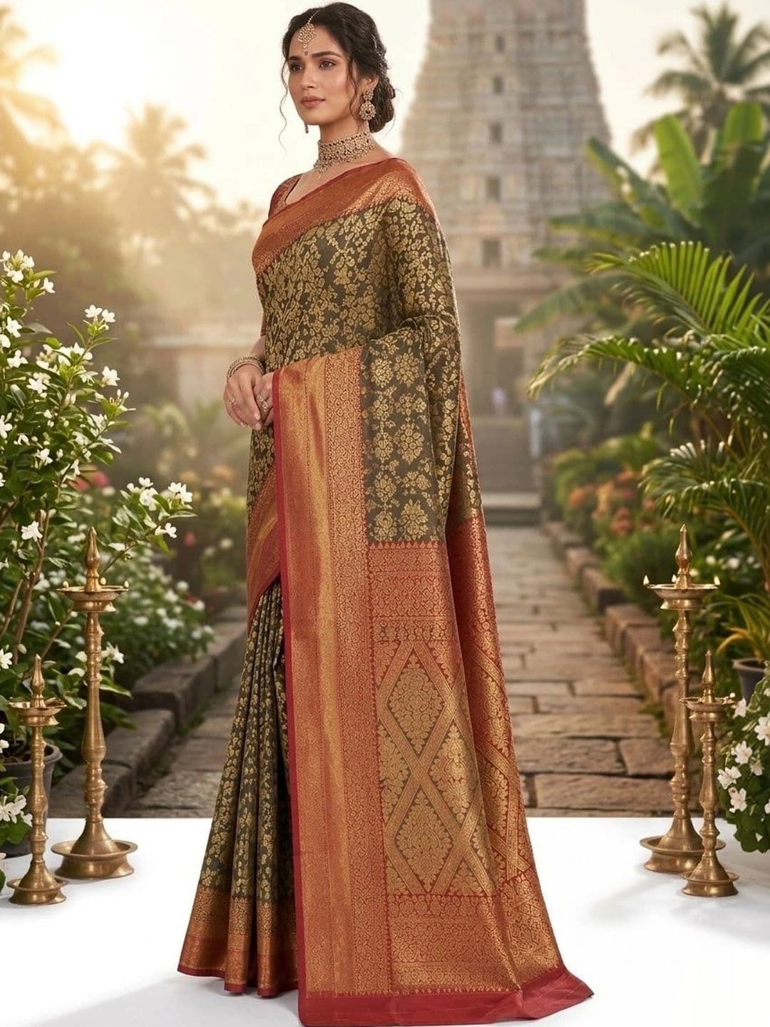 Owlsky Women Woven Design Zari Art Silk Kanjeevaram Saree thumbnail 5