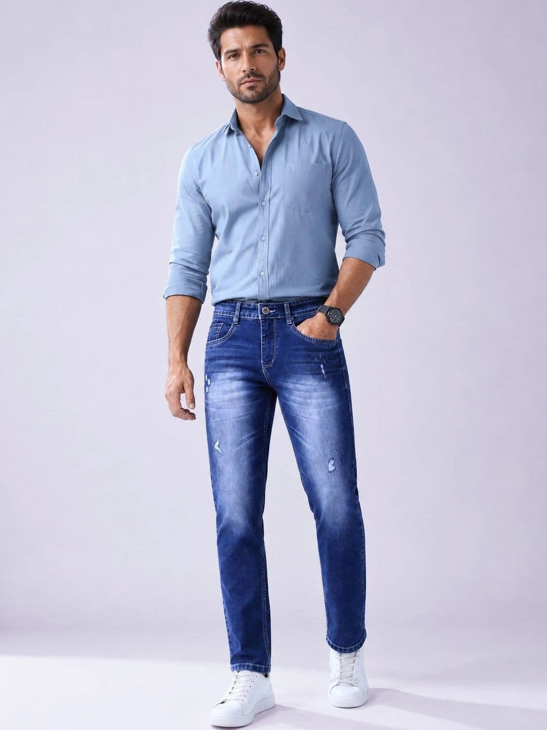 GEX Men Jean Regular Fit Mid-Rise Low Distress Light Fade Stretchable Jeans thumbnail 7