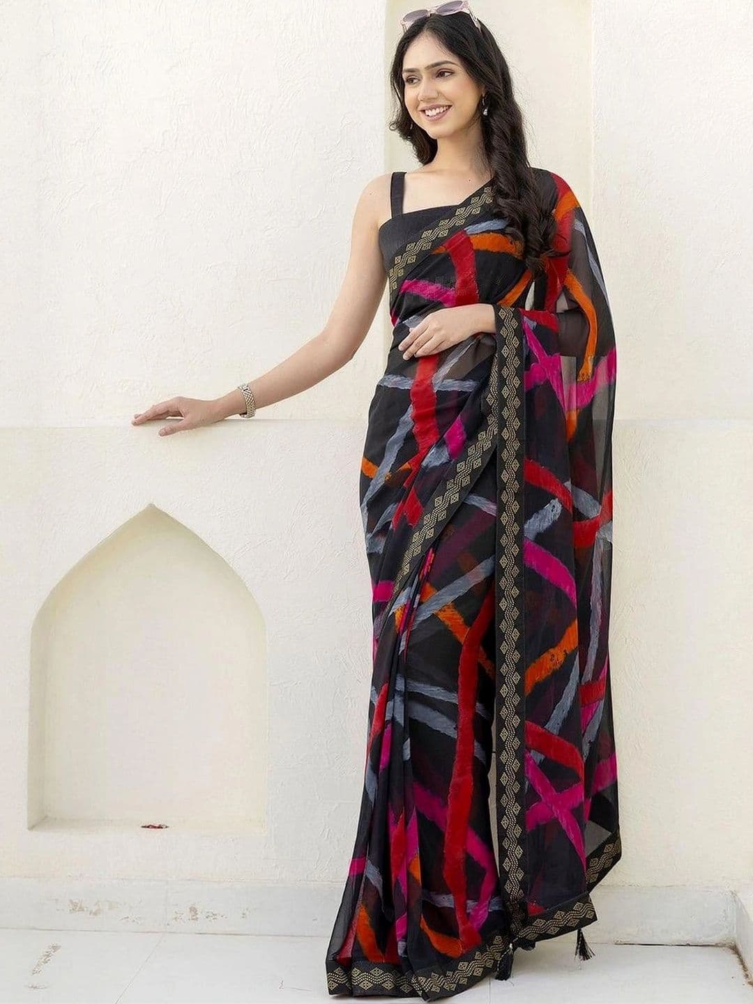 SANISA Striped Pure Georgette Saree thumbnail 4
