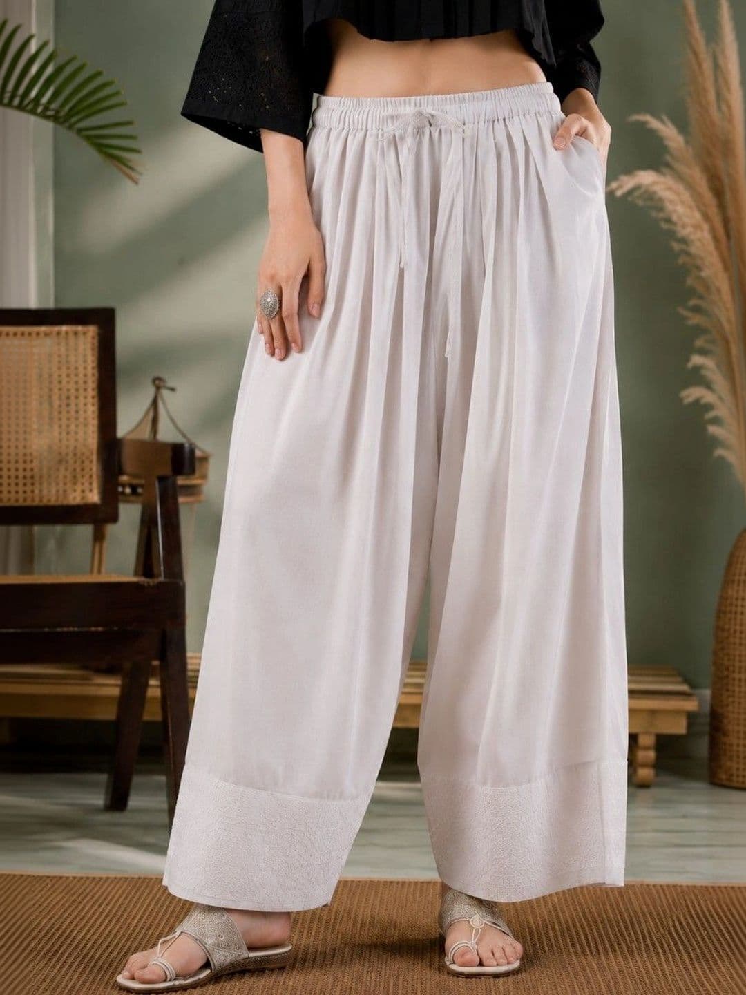 Sangria Women Pleated Thread Work Pure Cotton Top with Palazzos thumbnail 2