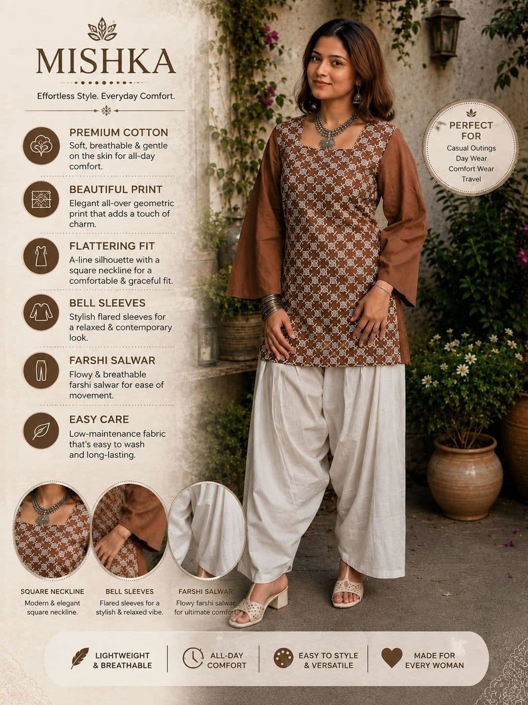 HERE&NOW Women Printed Regular Pure Cotton Kurti with Patiala thumbnail 3