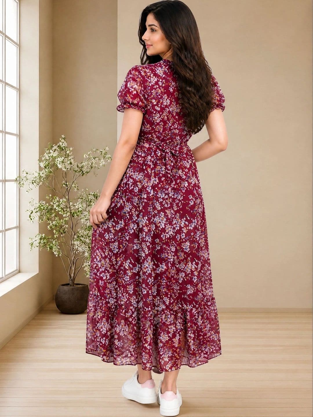 QENA Floral Print Puff Sleeve Ruffled Georgette A-Line Midi Dress thumbnail 3
