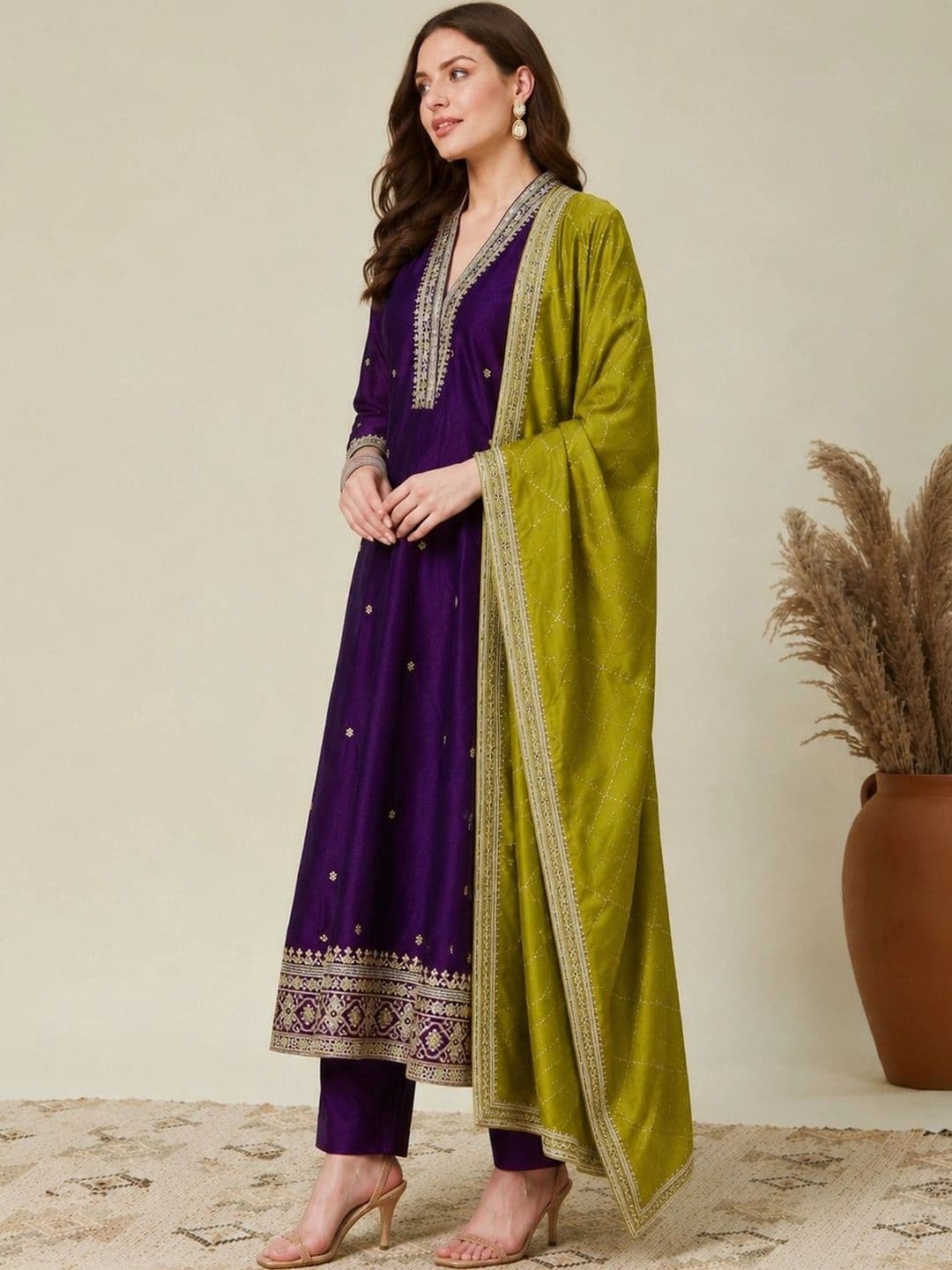 Sangria Women Ethnic Motifs Embroidered Regular Kurta with Trousers & With Dupatta thumbnail 5