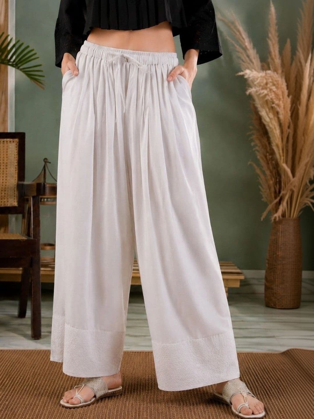 Sangria Women Pleated Thread Work Pure Cotton Top with Palazzos thumbnail 3
