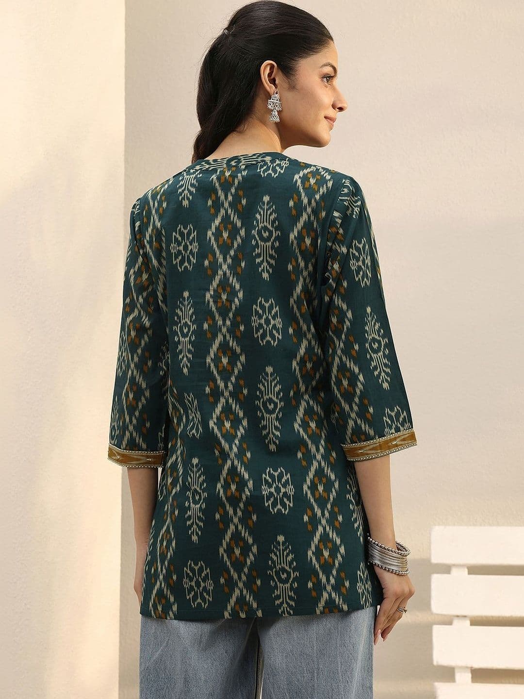 Libas Green Ethnic Printed Cotton A-Line Short Kurti thumbnail 3