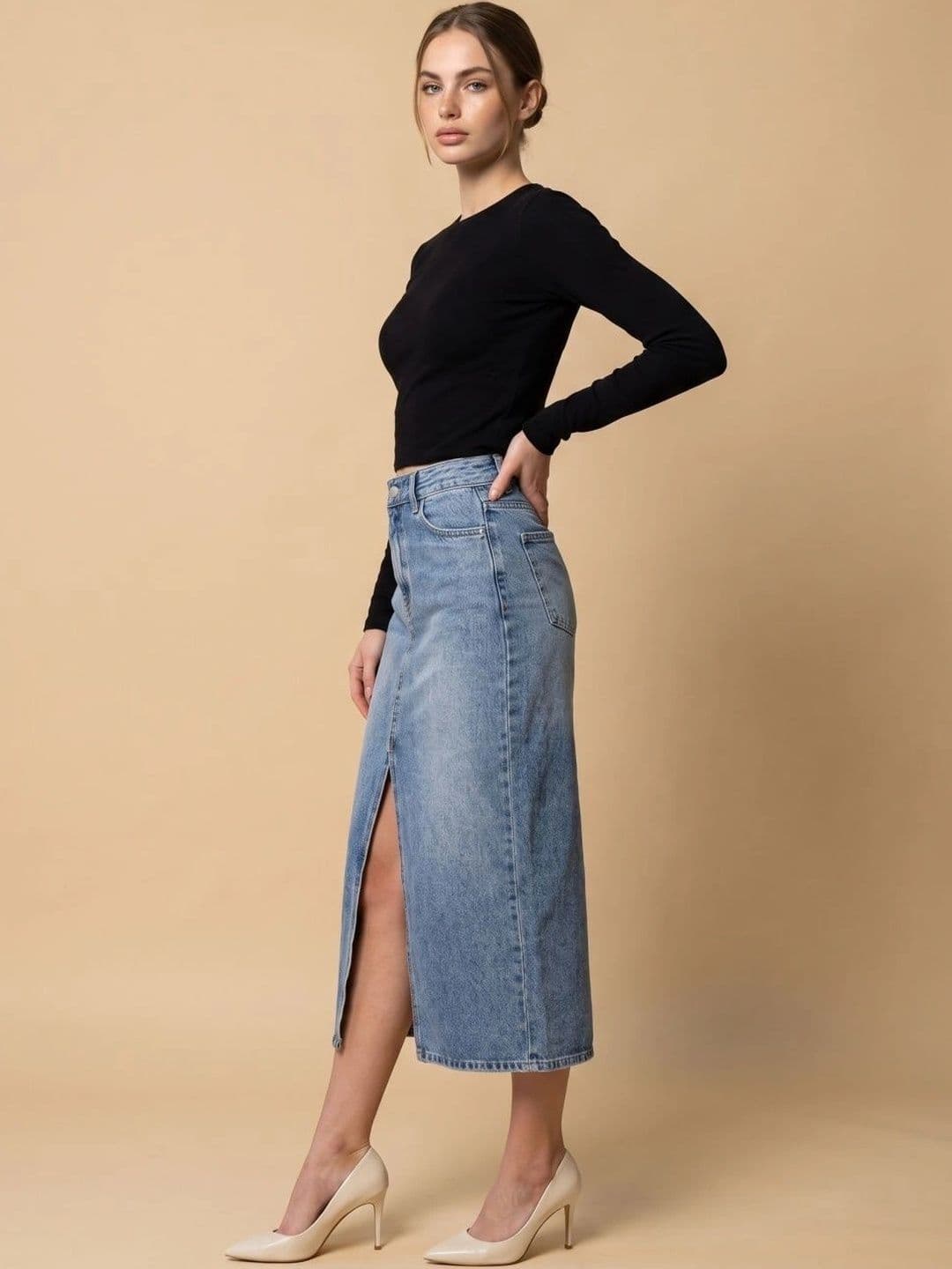 MAKPAK Women Denim Washed Front Slit Midi Straight Skirt thumbnail 4